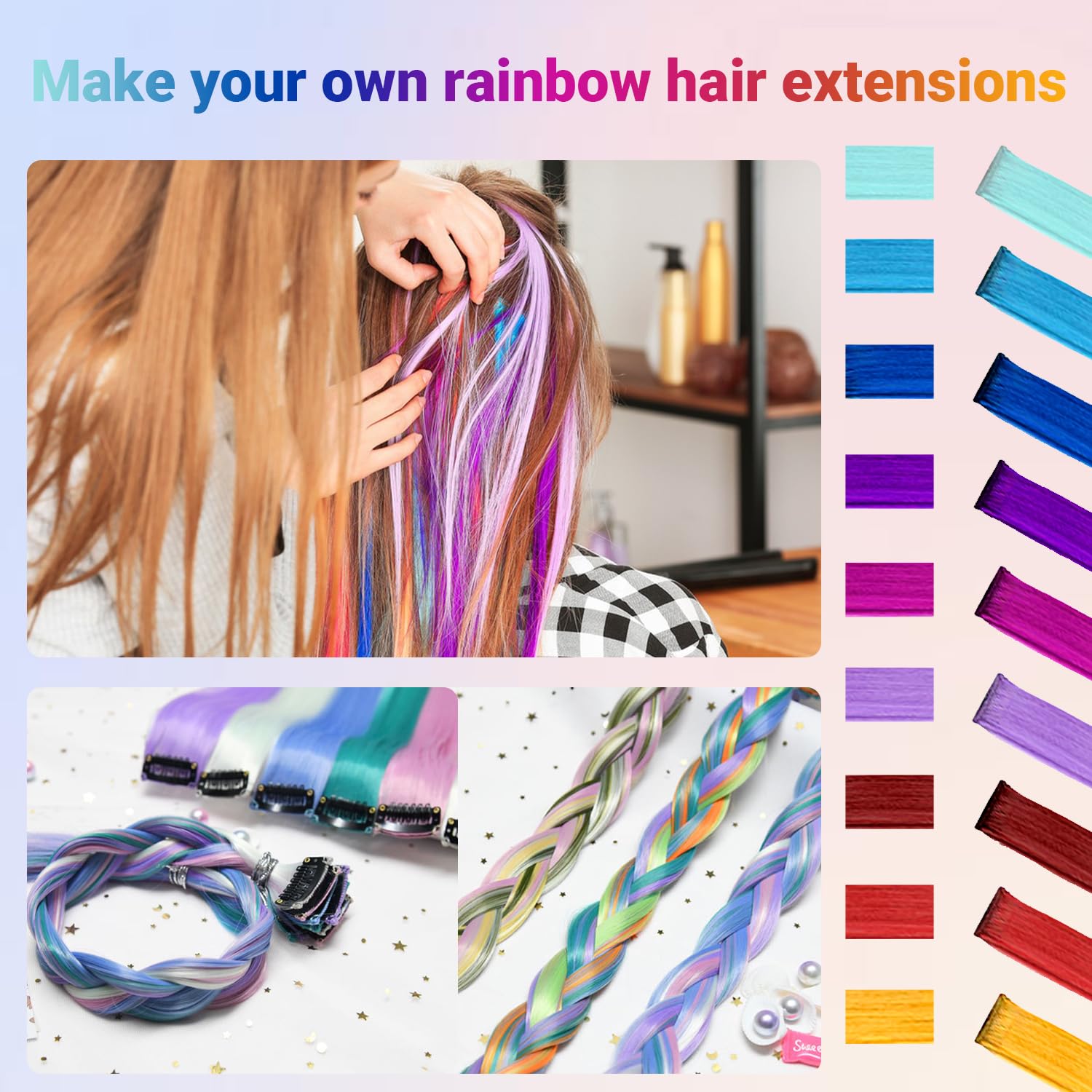 Close-up of TOFAFA rainbow color extensions showing vibrant shades