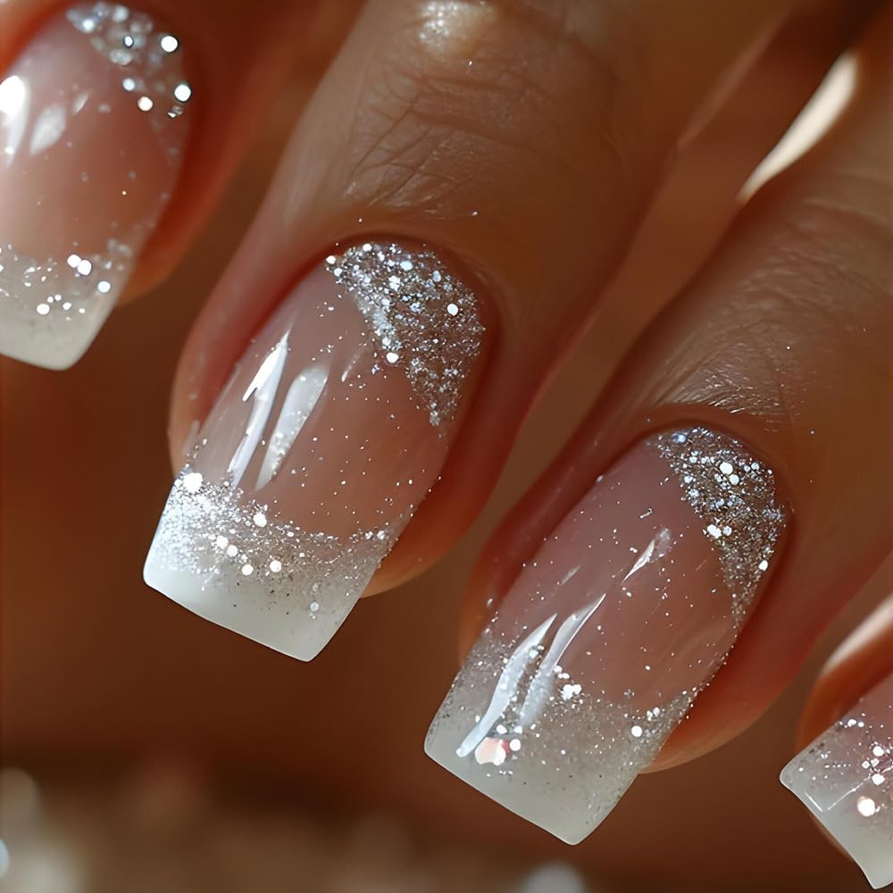 TOGZOM square press-on nails with glitter French tips for a chic manicure.