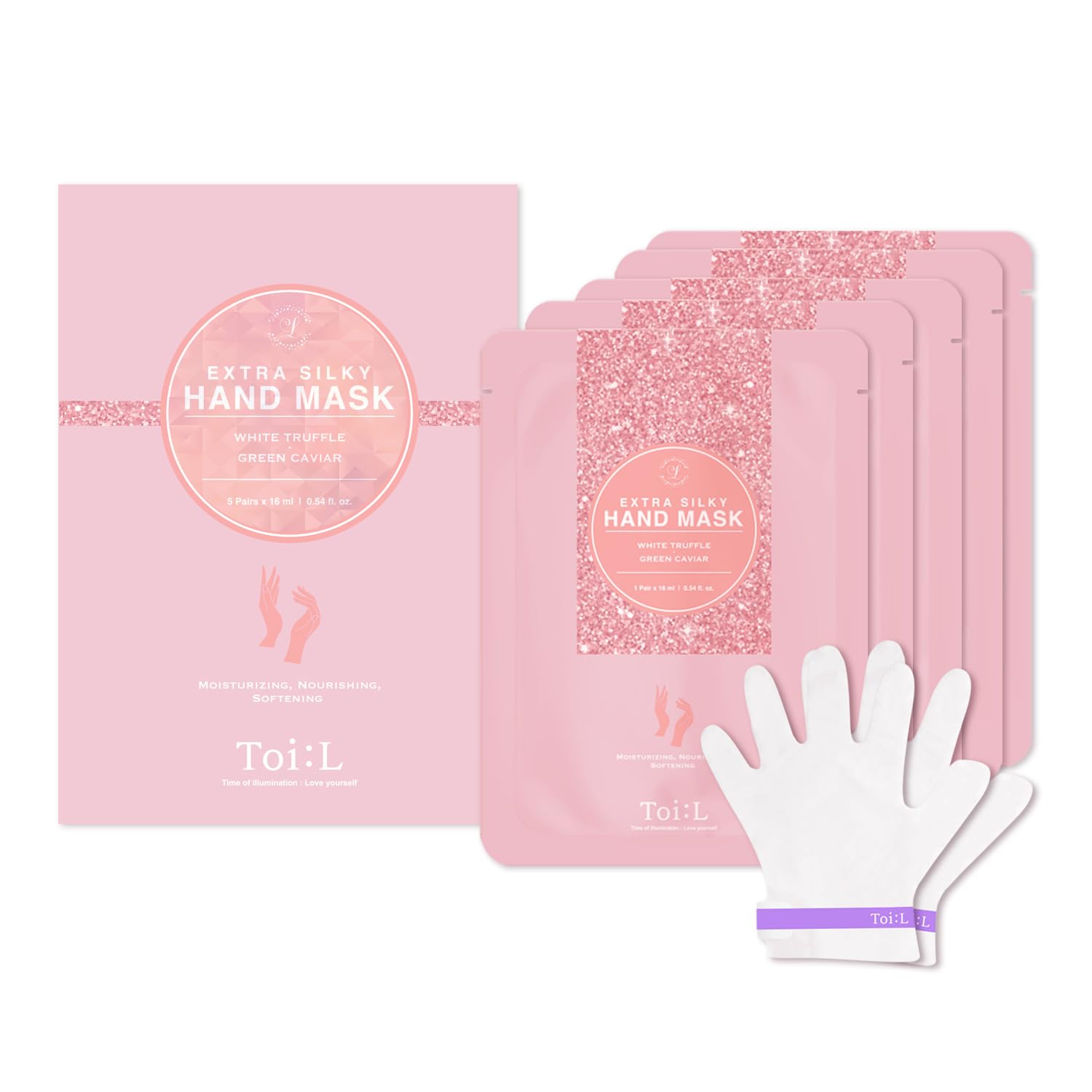 TOI:L Extra Silky Hand Mask pack front, showcasing luxurious hydration for dry hands.