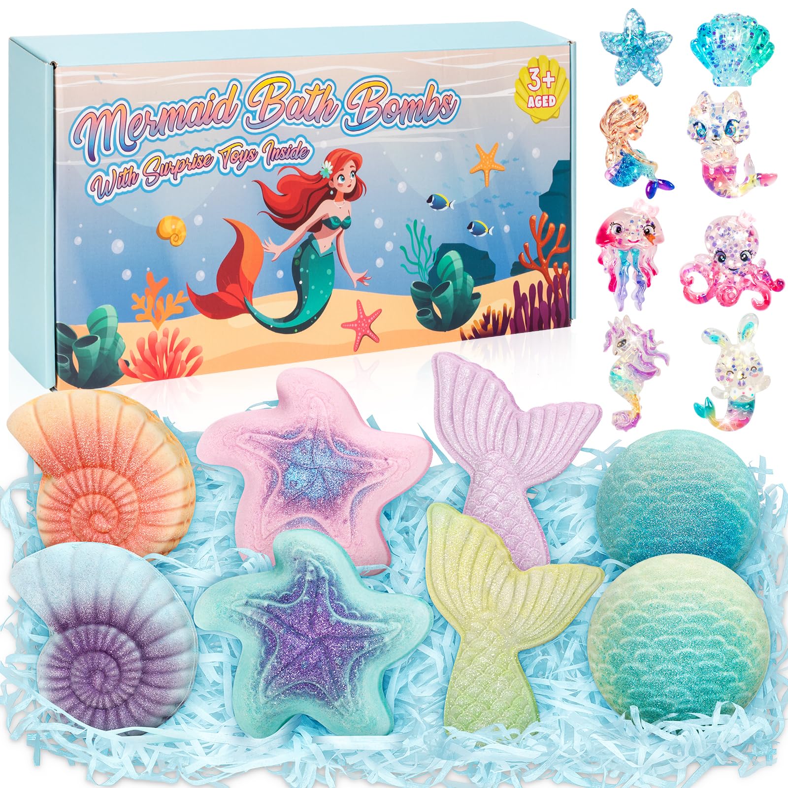 Toidgy Mermaid bath bombs show a surprise toy inside during bath time.