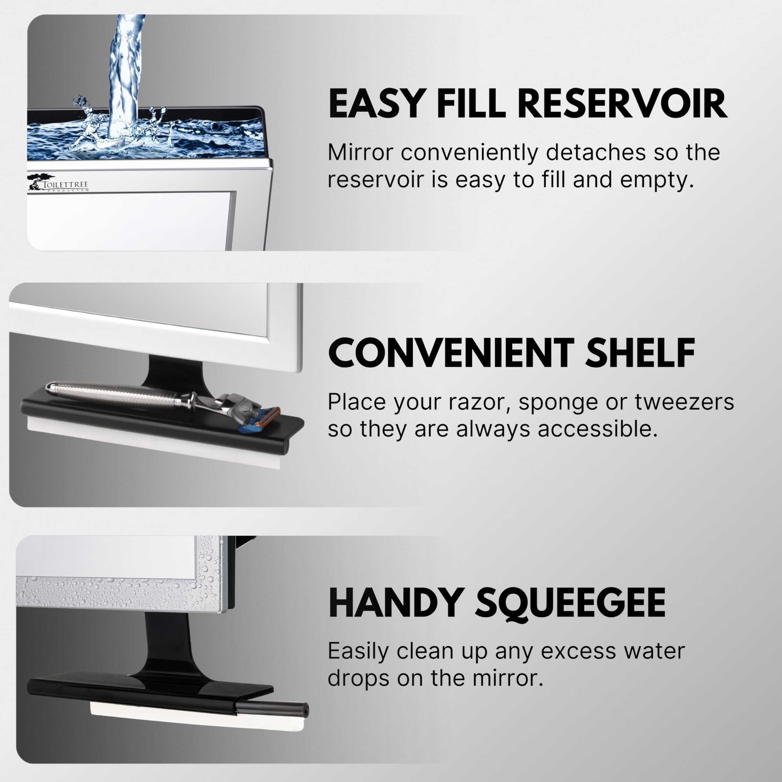 ToiletTree fogless mirror impact-resistant construction for daily use.