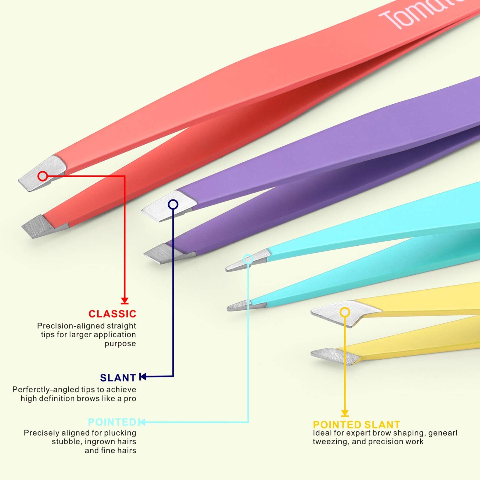 Tomata tweezers with slant tip for easy brows grooming and controlled grip.