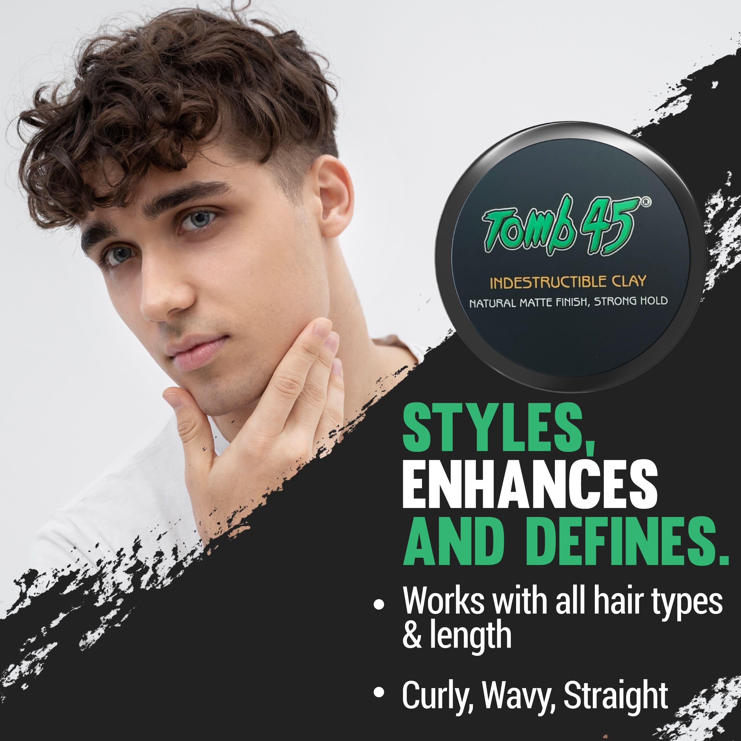 Aplicación de Tomb 45 Arcilla para cabello, control y estilo definidos.