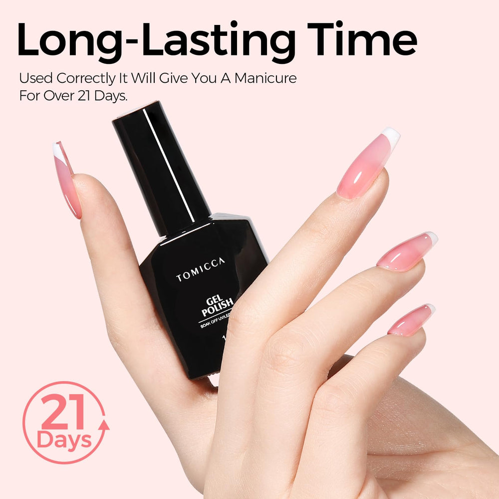 TOMICCA Jelly Pink gel polish with glossy finish on nails.