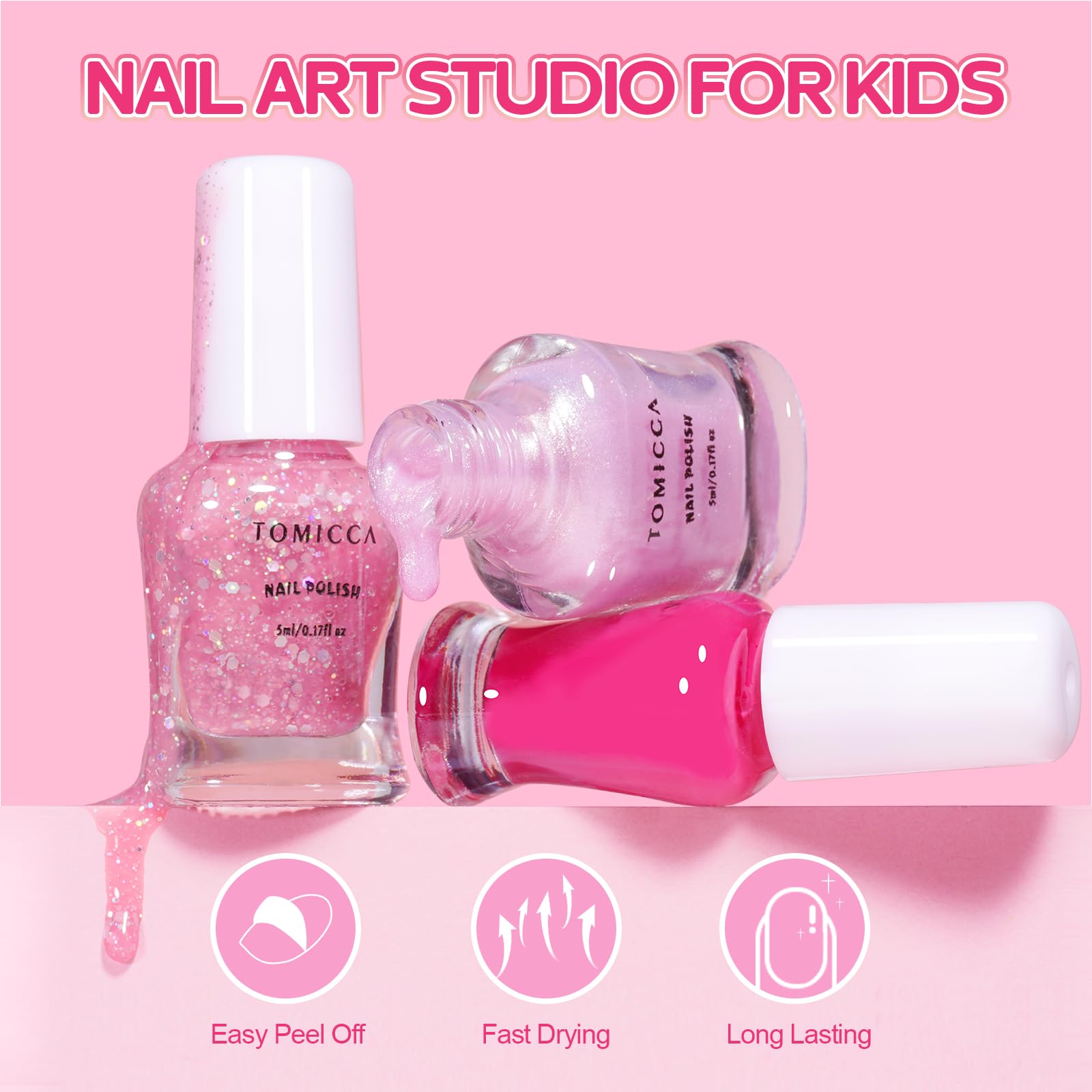 TOMICCA Kids Nail Polish, fórmula no tóxica y base de agua para juego seguro.