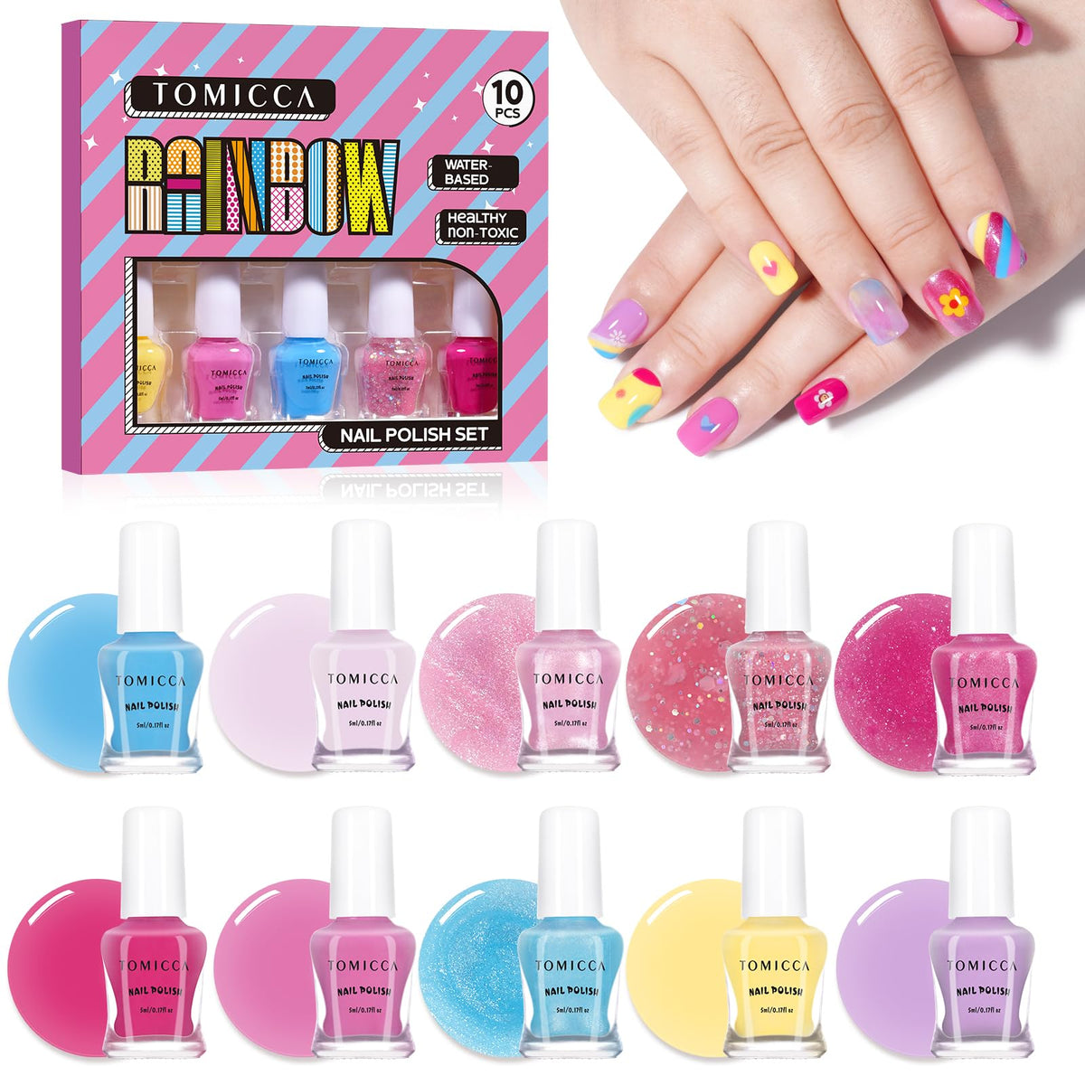 TOMICCA Kids Nail Polish, set de 10 colores arcoíris para celebrar la creatividad infantil.