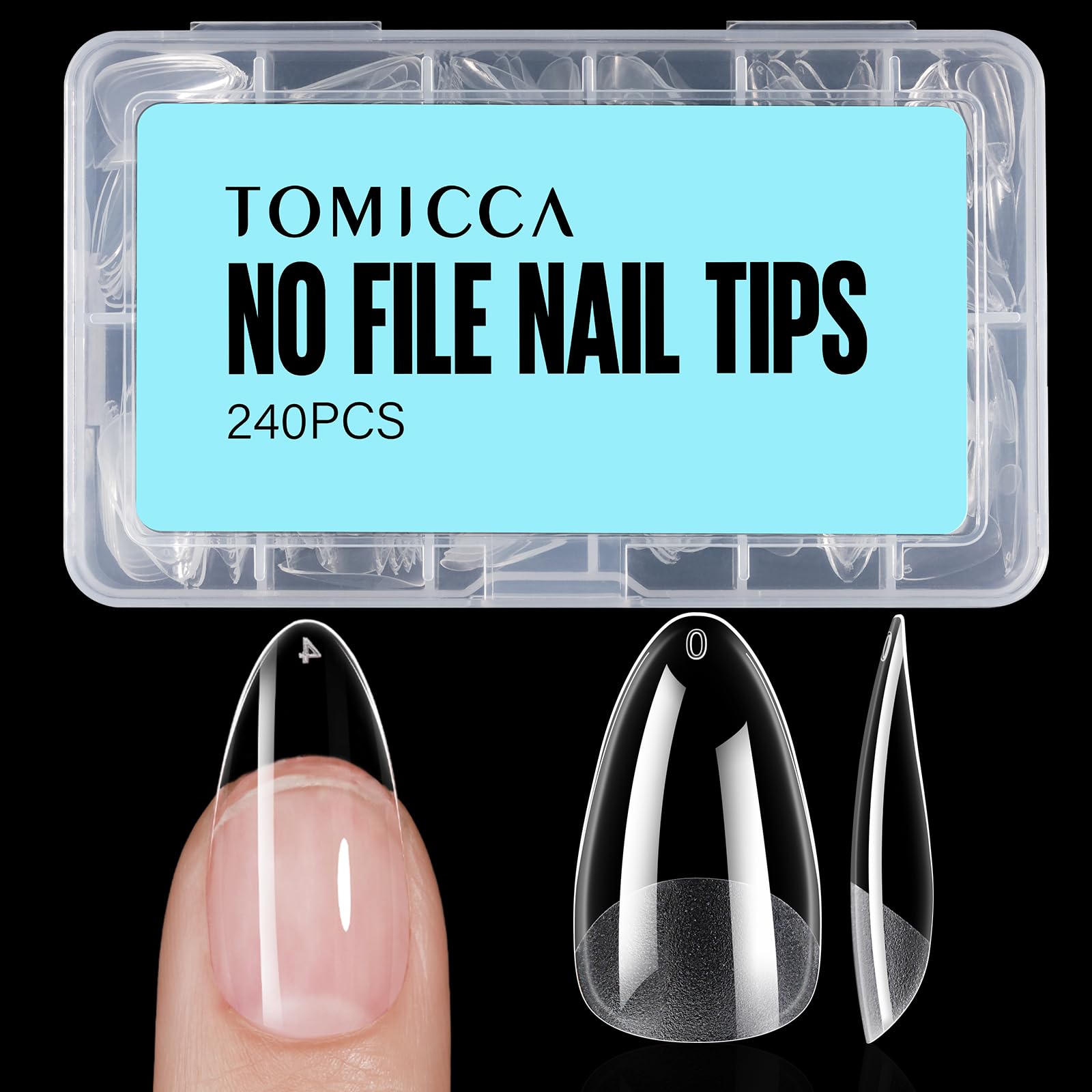 TOMICCA packaging of medium almond nail tips for convenient at-home use