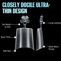 TOMICCA no-C-curve half-cover tips with strong inner adhesion for quick, clean nail extensions.