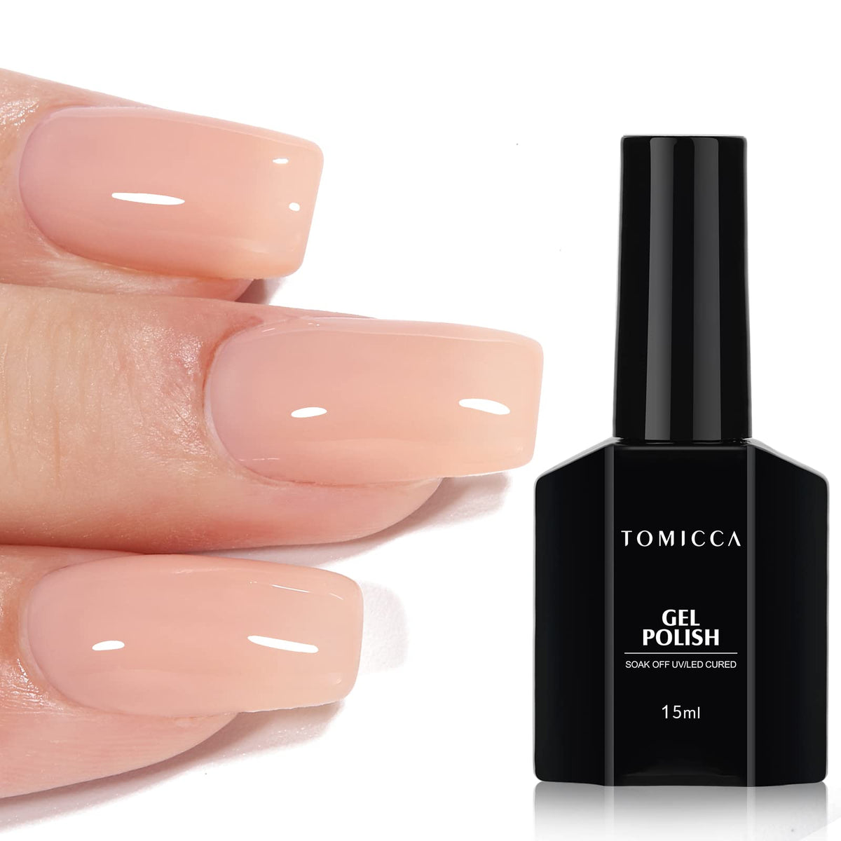 TOMICCA Nude Gel Nail Polish bottle close up showing a glossy, natural finish.