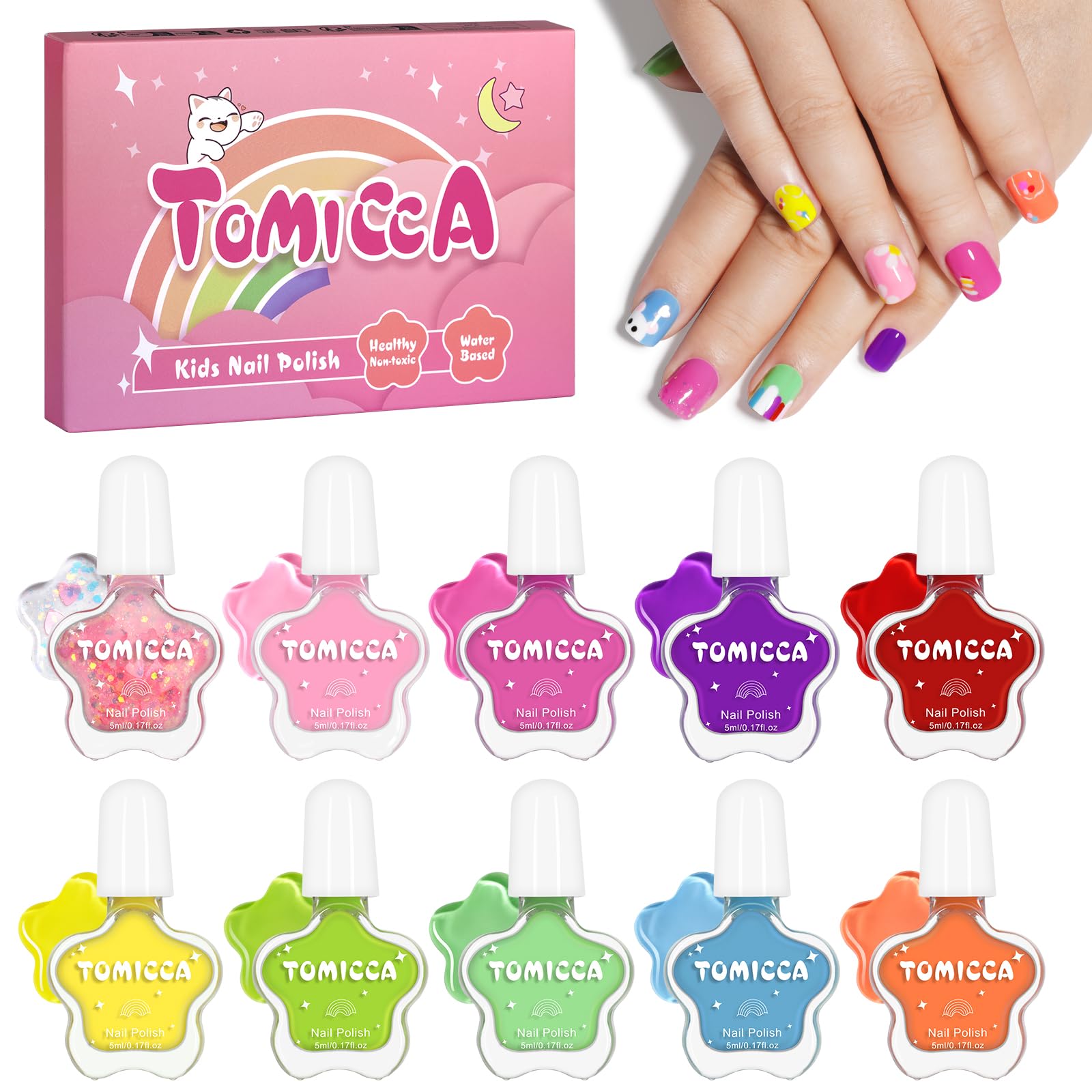 Pintauñas infantil TOMICCA con 10 colores para diseños divertidos y seguros.