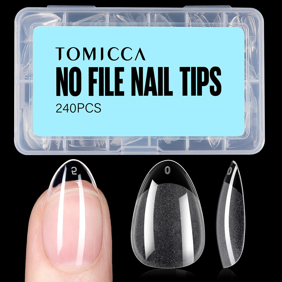 TOMICCA short almond nail tips with half-matte surface for easy adhesion.