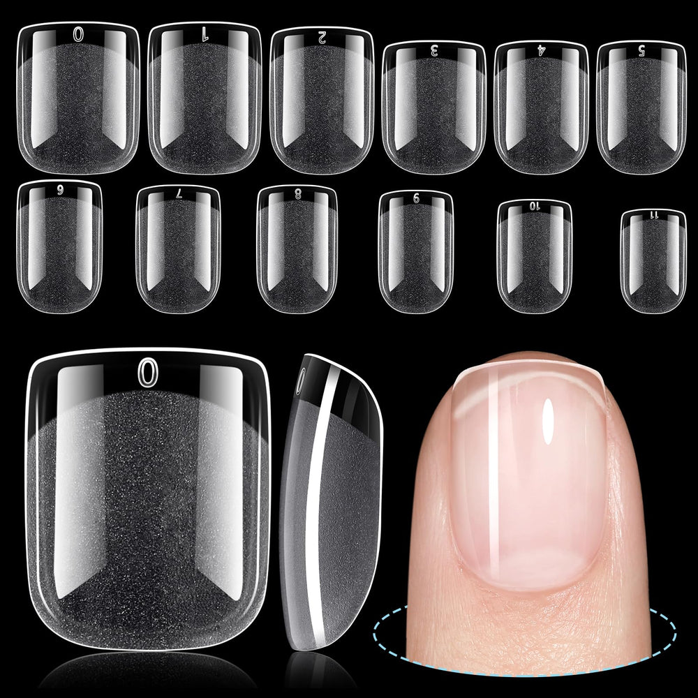 TOMICCA short nail tips extra short square clear closeup showing durable base for gel nails.