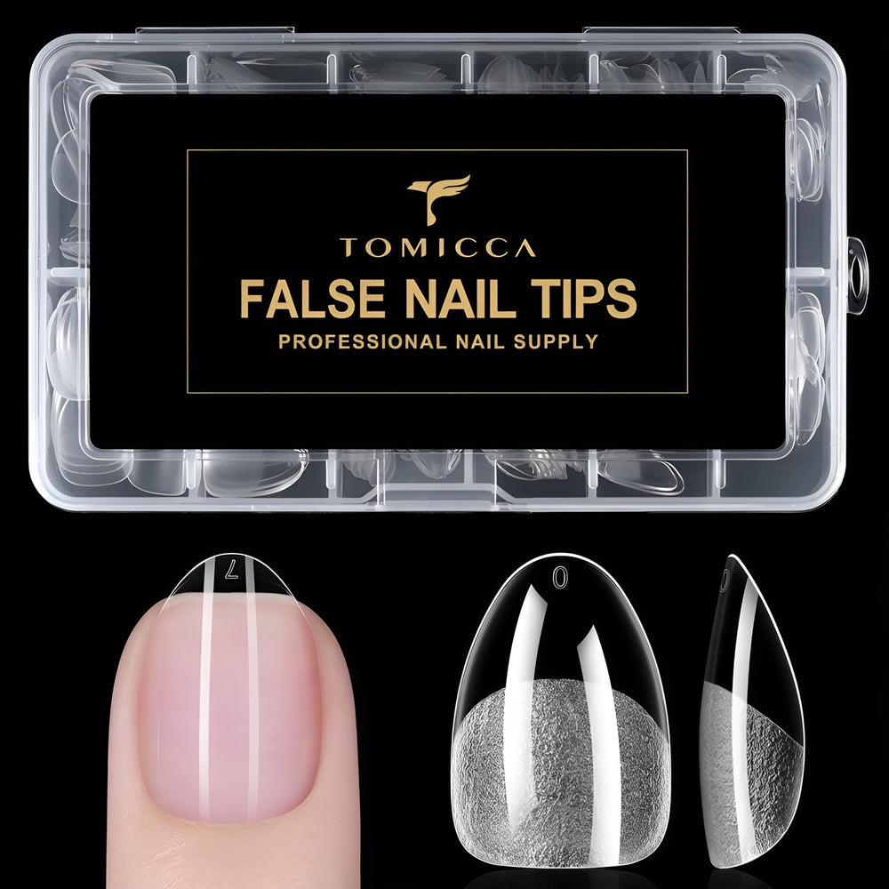 Uñas falsas TOMICCA almendra extra corto, empaque compacto para uso en casa.