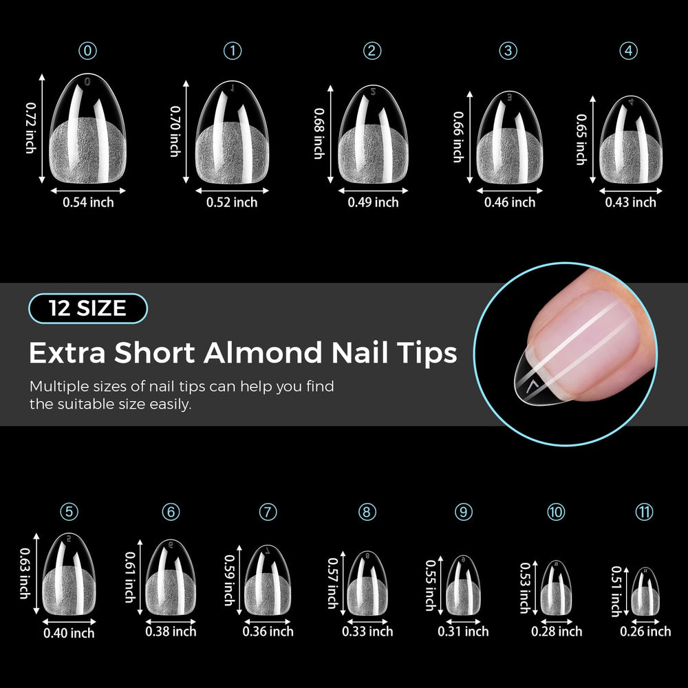 TOMICCA tips almendra extra corto, 12 tallas, ajuste preciso para dedos.