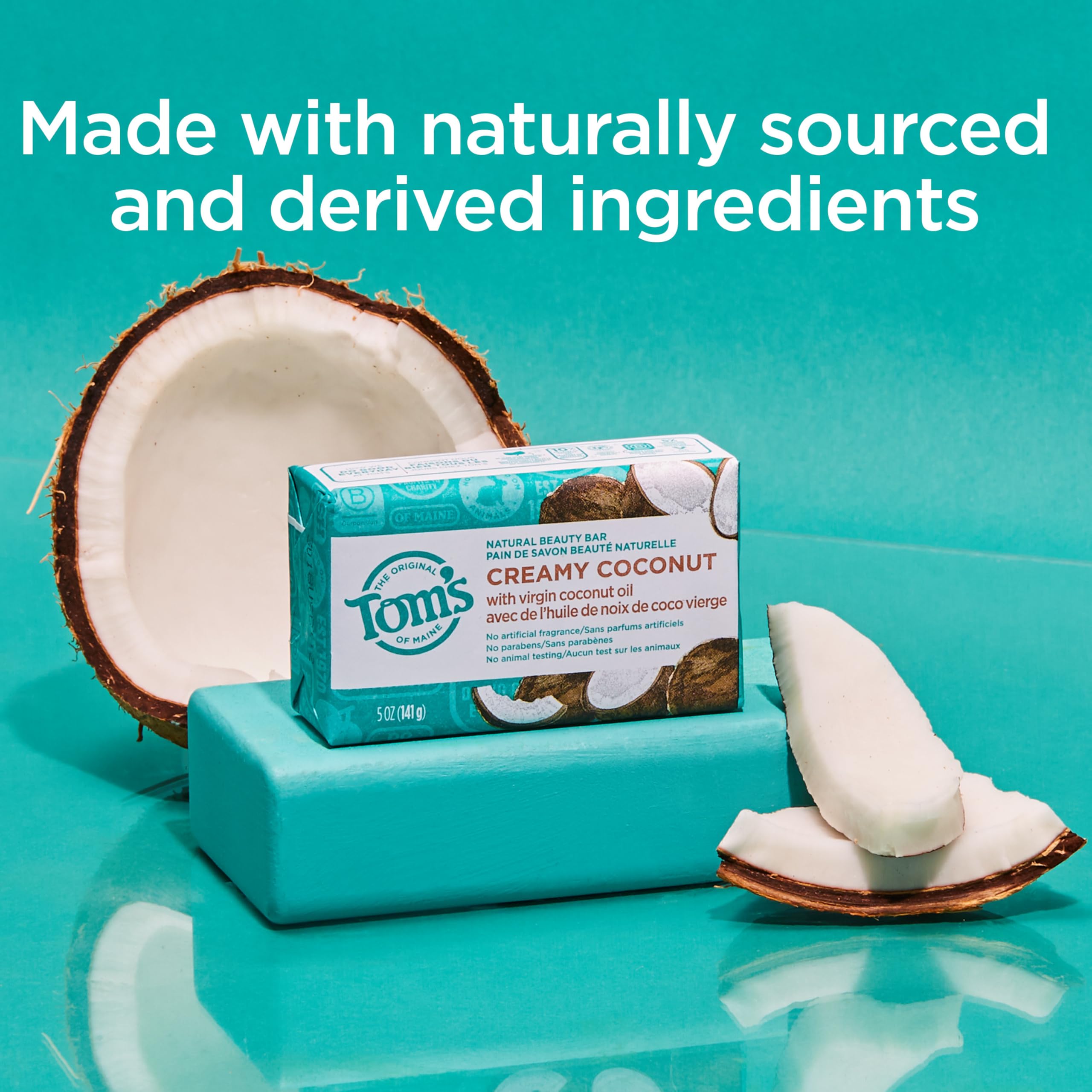 Tom's of Maine Creamy Coconut bar soap lather close-up for gentle cleansing.