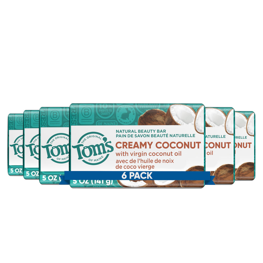 Tom's of Maine Creamy Coconut bar soap packaging in six-pack for convenient cleansing.