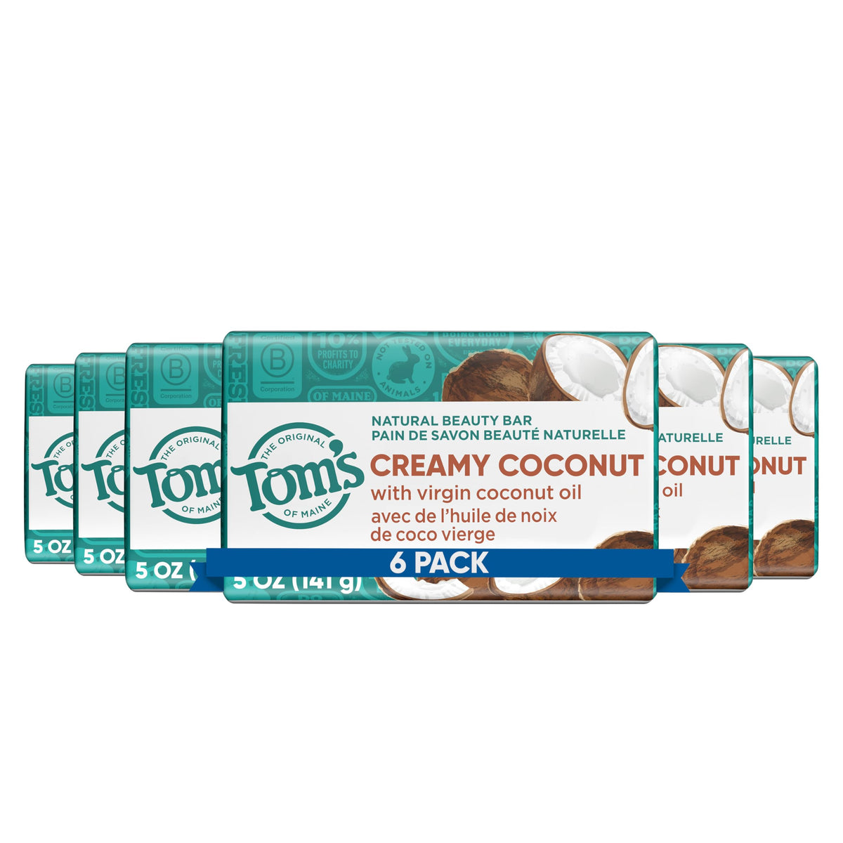 Tom's of Maine Creamy Coconut bar soap packaging in six-pack for convenient cleansing.
