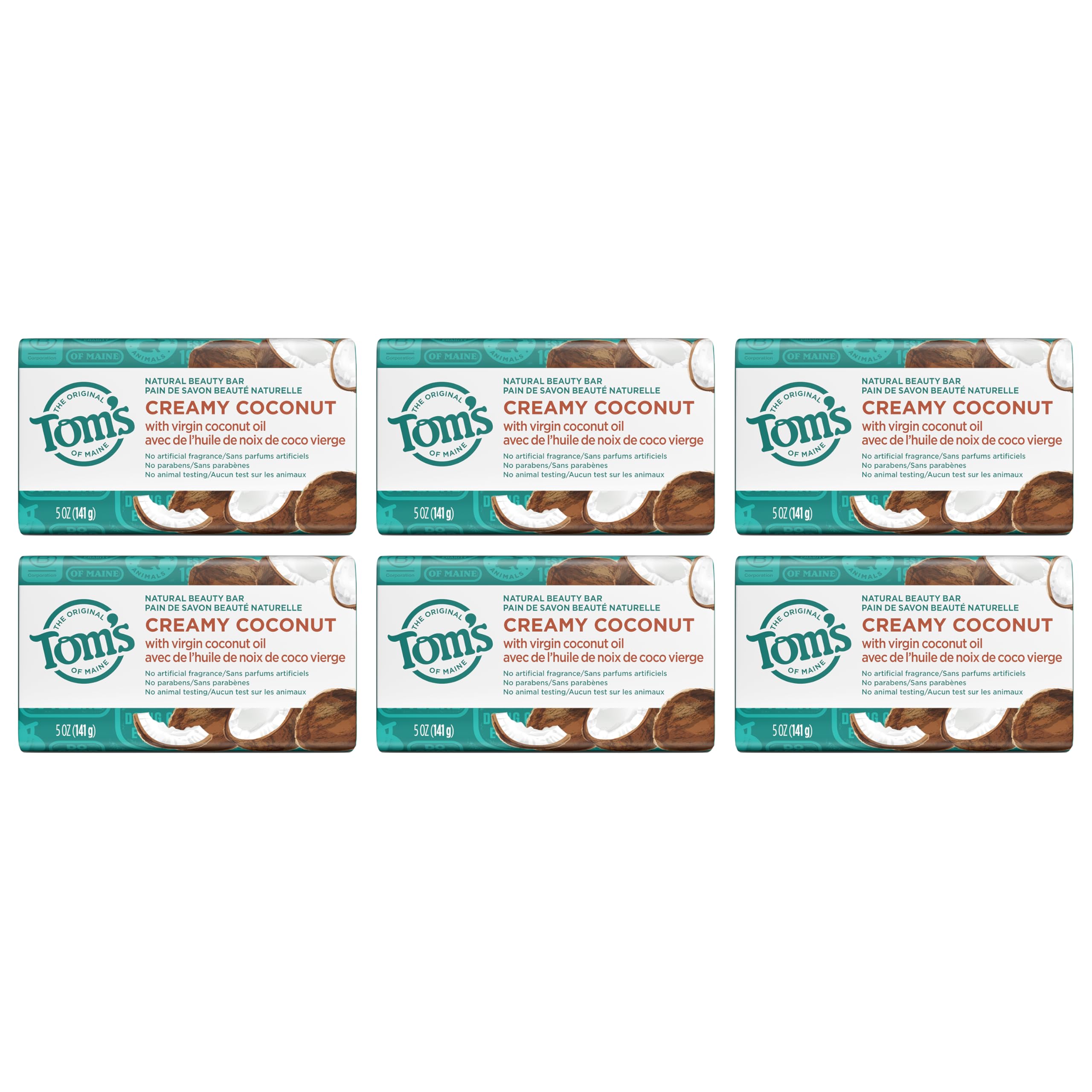 Six-pack of Tom's of Maine Creamy Coconut bars for family use.