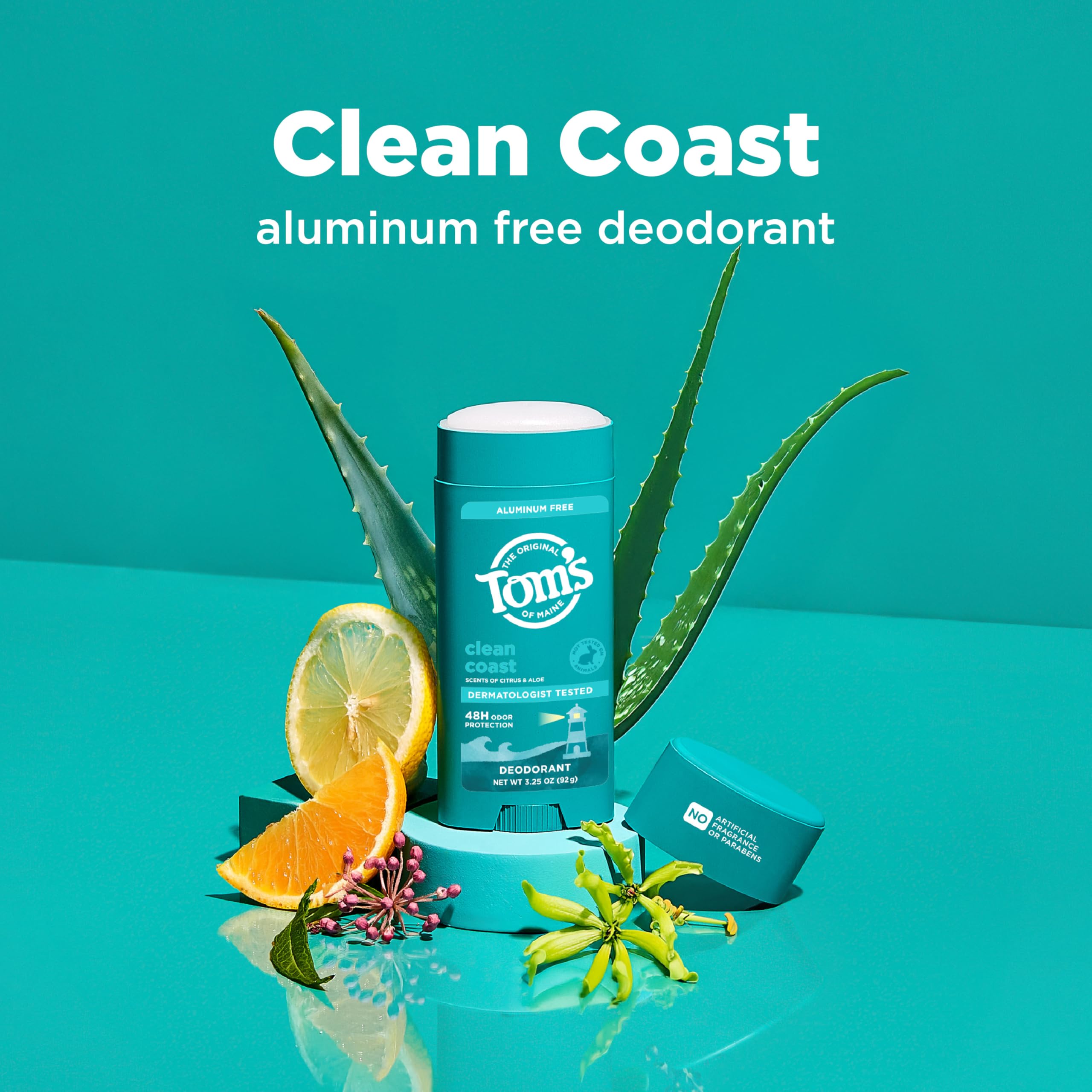 Closeup of Tom's of Maine Clean Coast deodorant stick for smooth glide and ready application