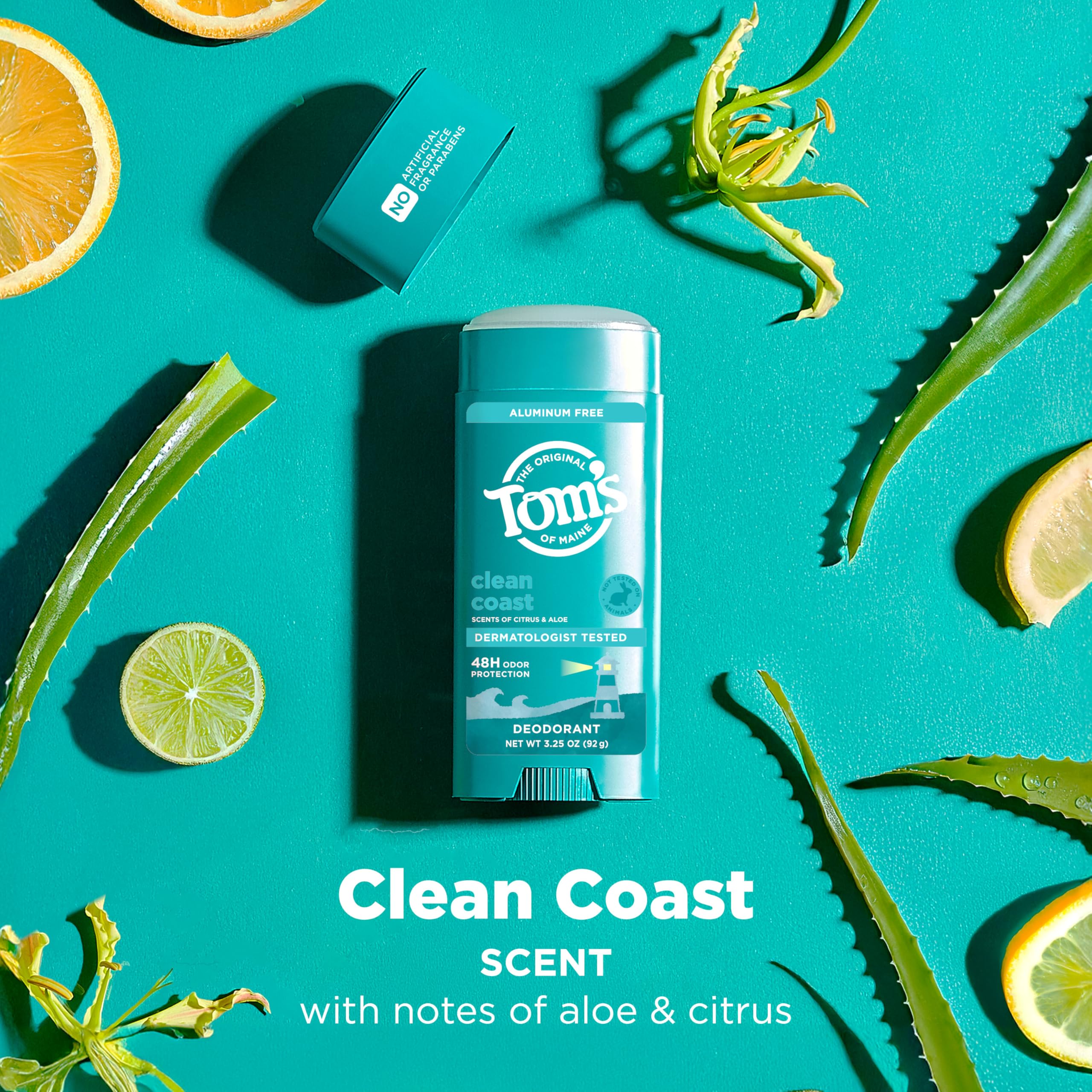 Compact packaging of Tom's of Maine Clean Coast deodorant stick