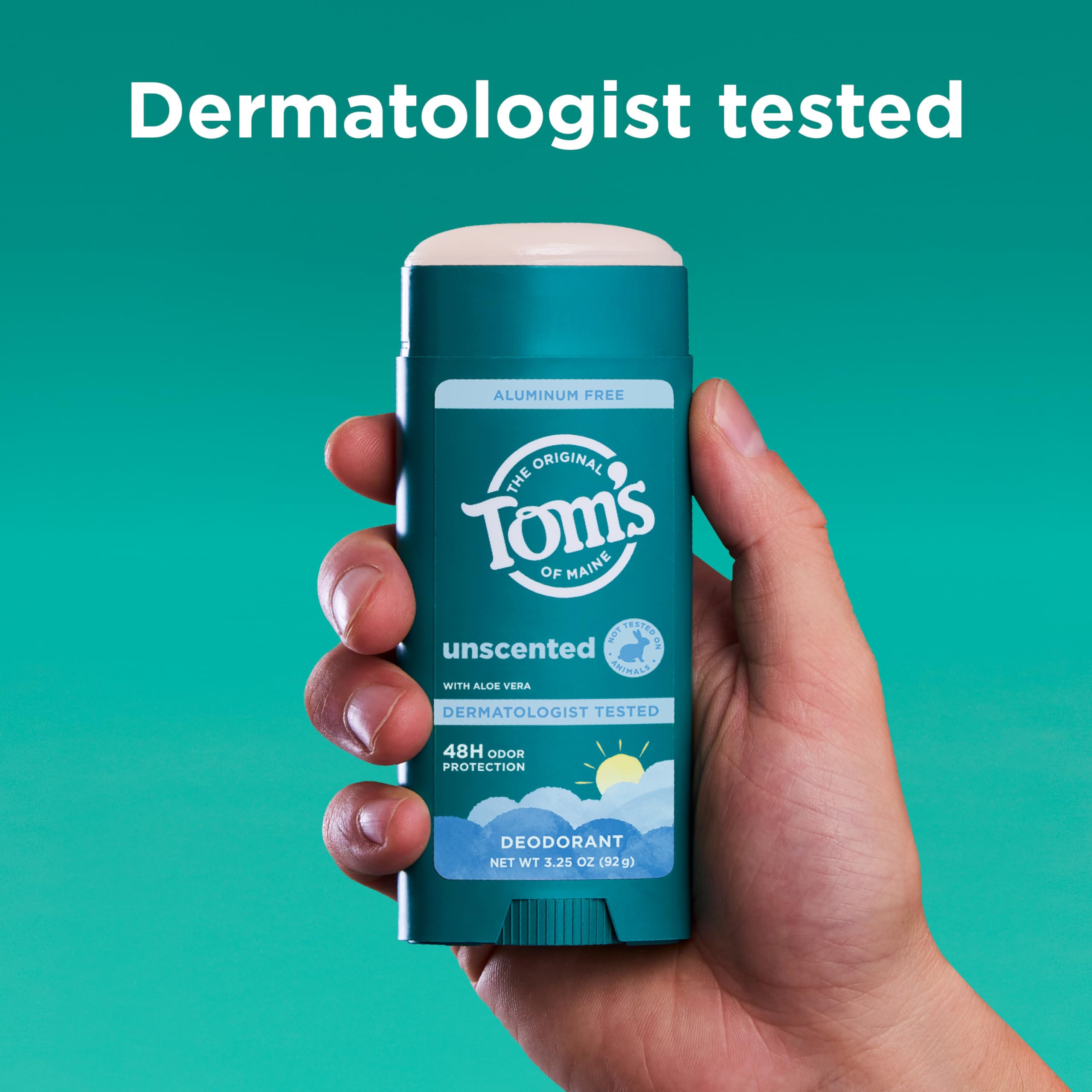 Tom's of Maine deodorant stick unscented application demo illustrates simple daily use.