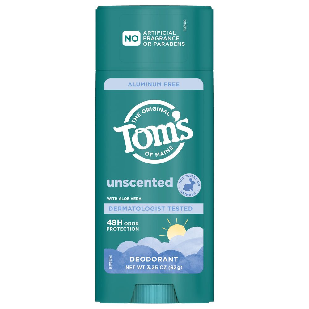 Tom's of Maine deodorant stick unscented box art highlights premium packaging.