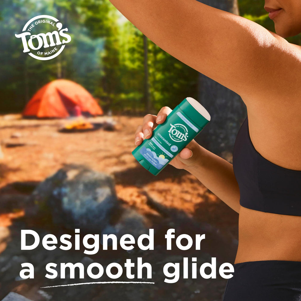 Tom's of Maine deodorant stick unscented label closeup emphasizes trusted branding.