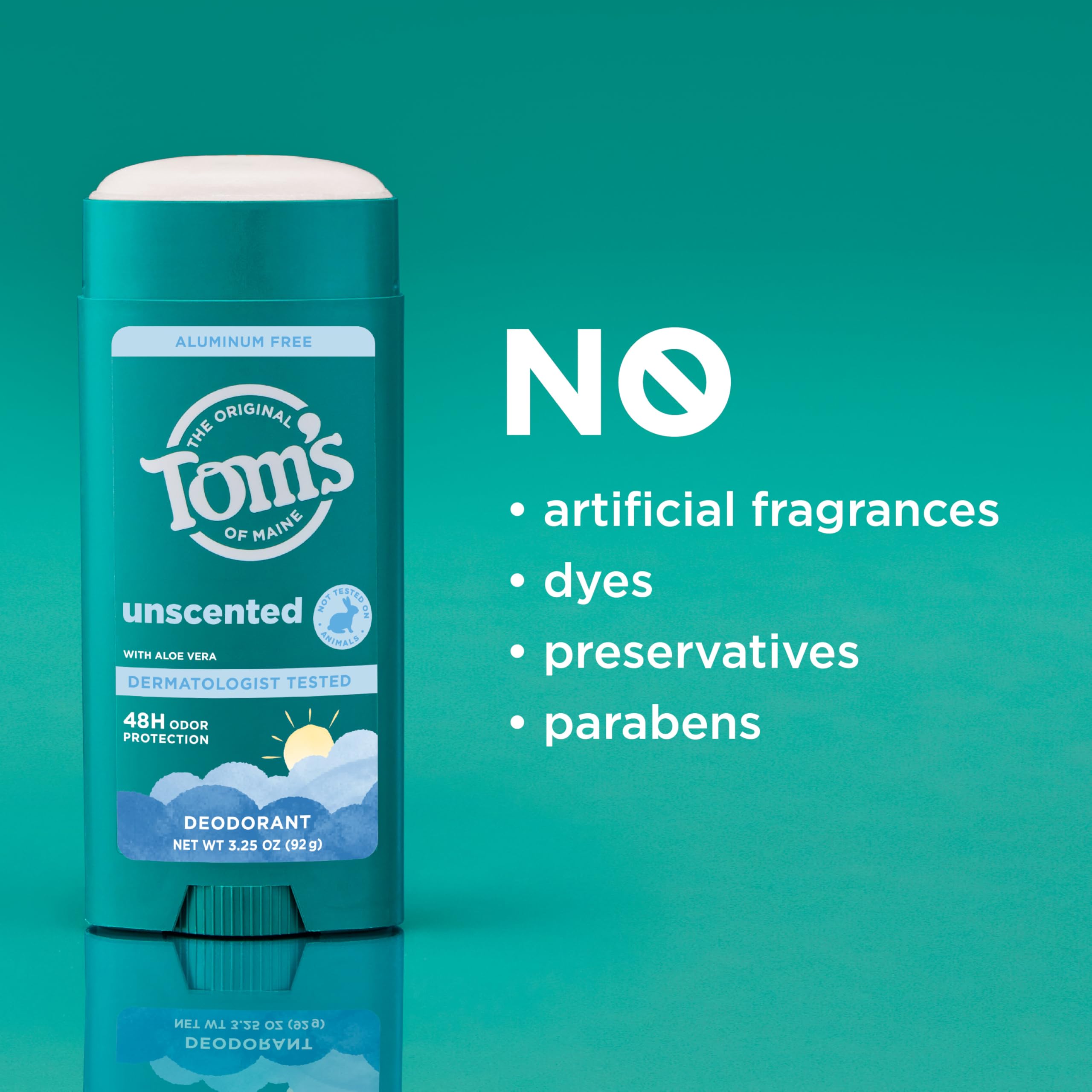 Tom's of Maine deodorant stick unscented side view reveals compact packaging.