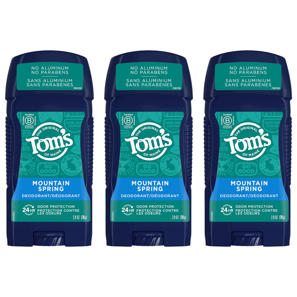 Tom's of Maine Mountain Spring 3-pack deodorant display, highlighting long-lasting odor protection