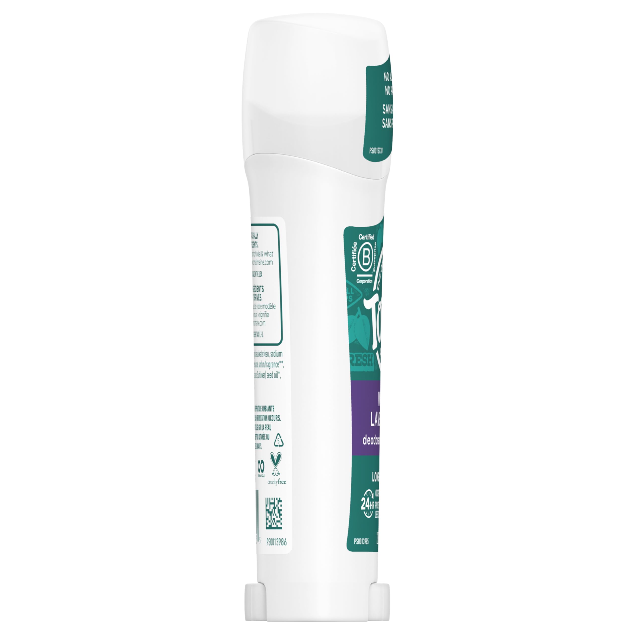 Ingredient visuals highlight hops and lavender in Tom's deodorant.