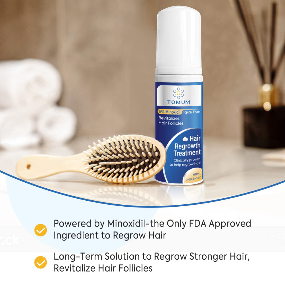 TOMUM Minoxidil Foam applied to the scalp with fast absorption.