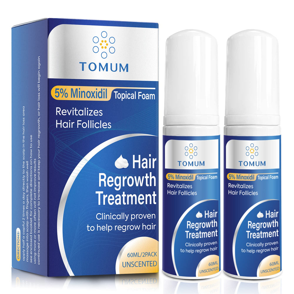 TOMUM 5% Minoxidil Foam bottle and pump for precise daily dosing.