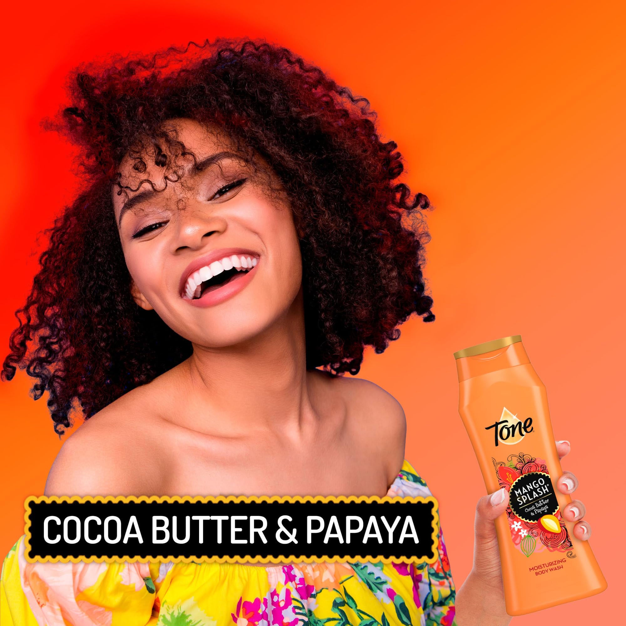 Tone Body Wash Cocoa Butter Papaya essence bottle emphasizes moisturizing ingredients.