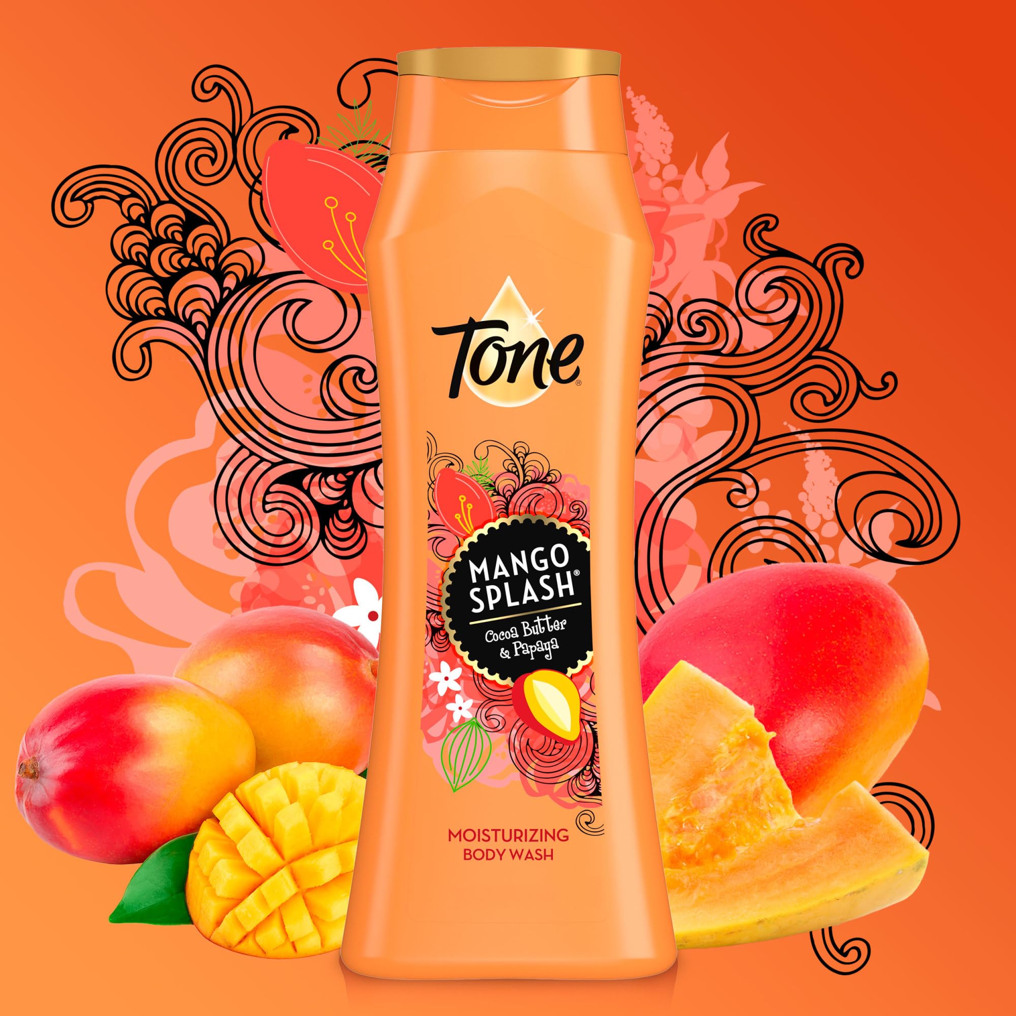 Tone Body Wash Mango Splash closeup label shows cocoa butter and papaya infusion.