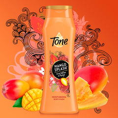 Tone Body Wash Mango Splash closeup label shows cocoa butter and papaya infusion.