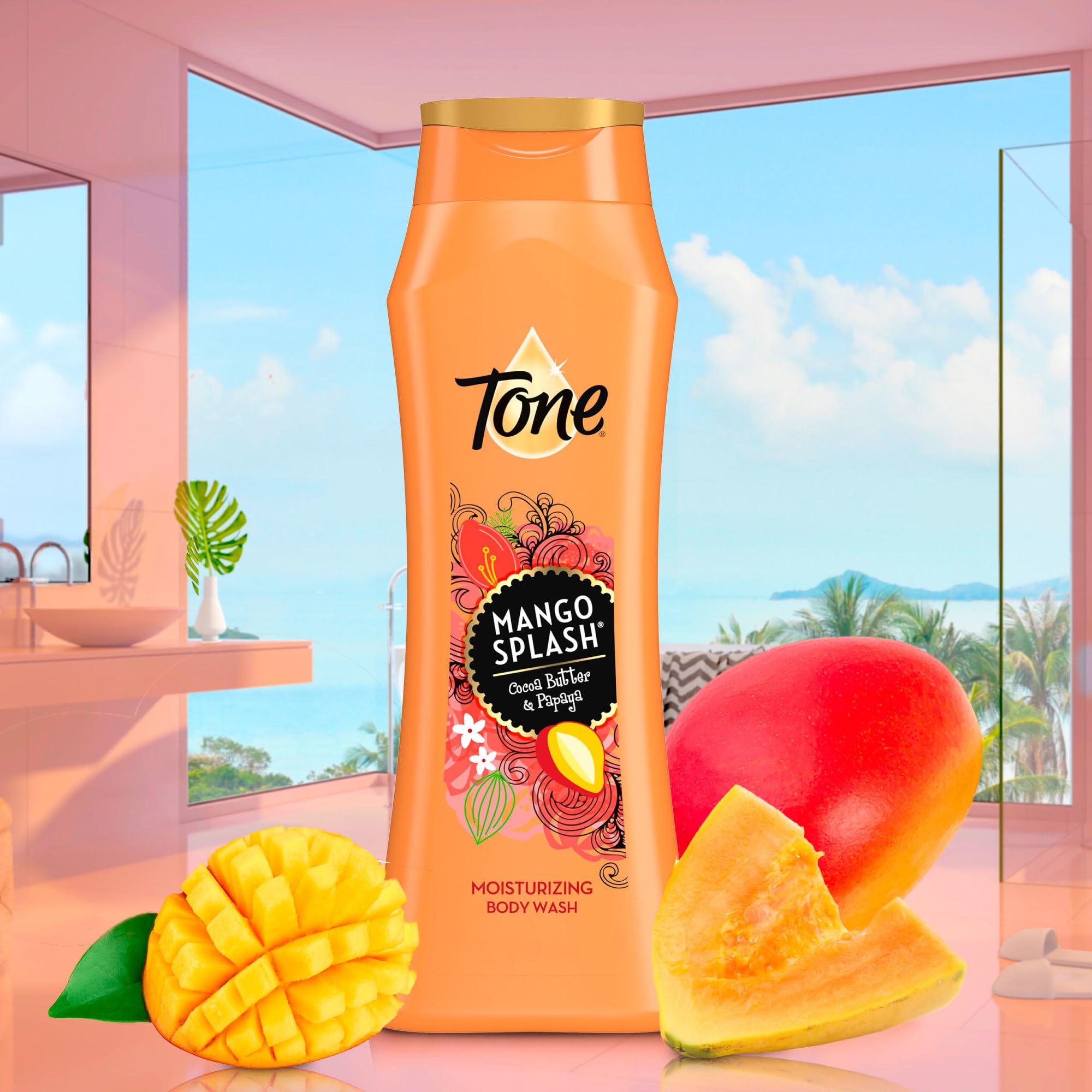  Tone Body Wash Mango Splash refreshing bath scene suggests mood-boosting cleanse.