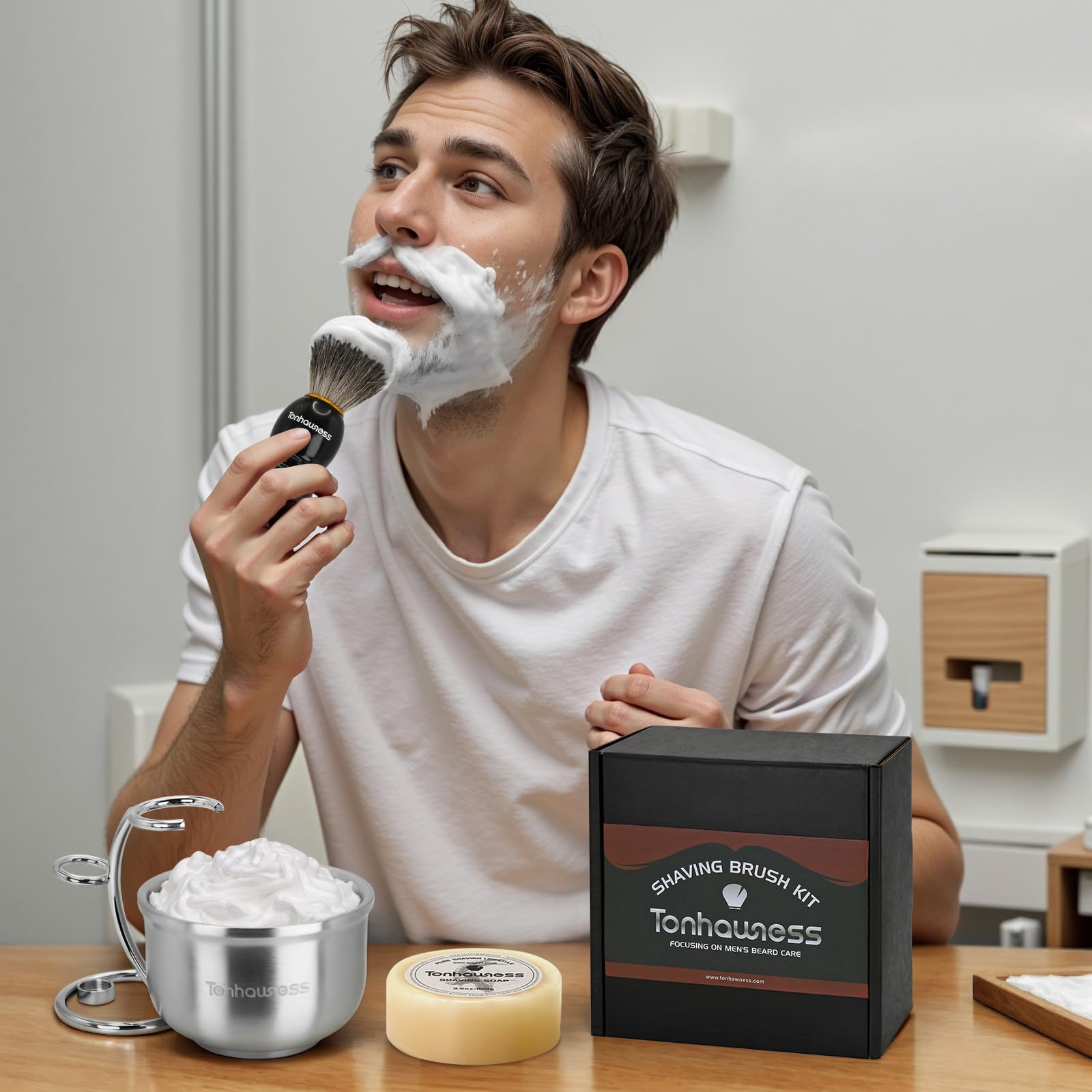 Tonhawness lifestyle shaving setup showcases a complete grooming station.