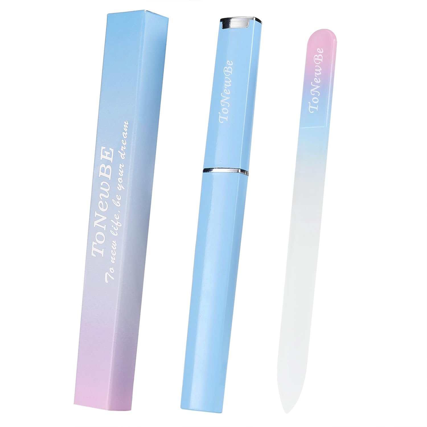 ToNewBe glass nail file in case, pink-blue, portable for on-the-go nail shaping.
