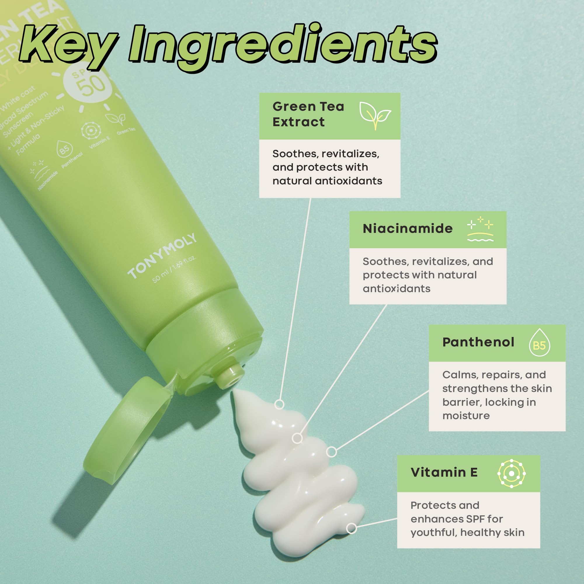 TONYMOLY Green Tea Sunscreen application moment showing quick absorption.