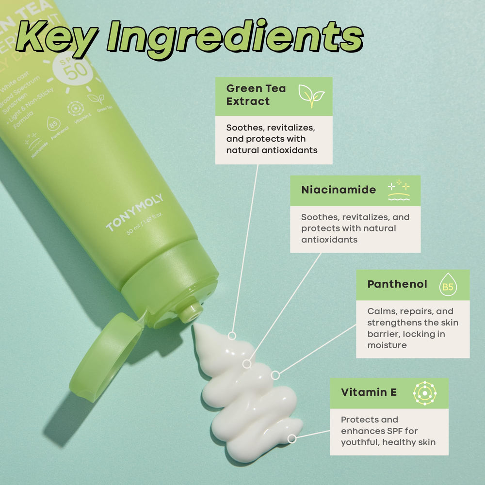 TONYMOLY Green Tea Sunscreen application moment showing quick absorption.