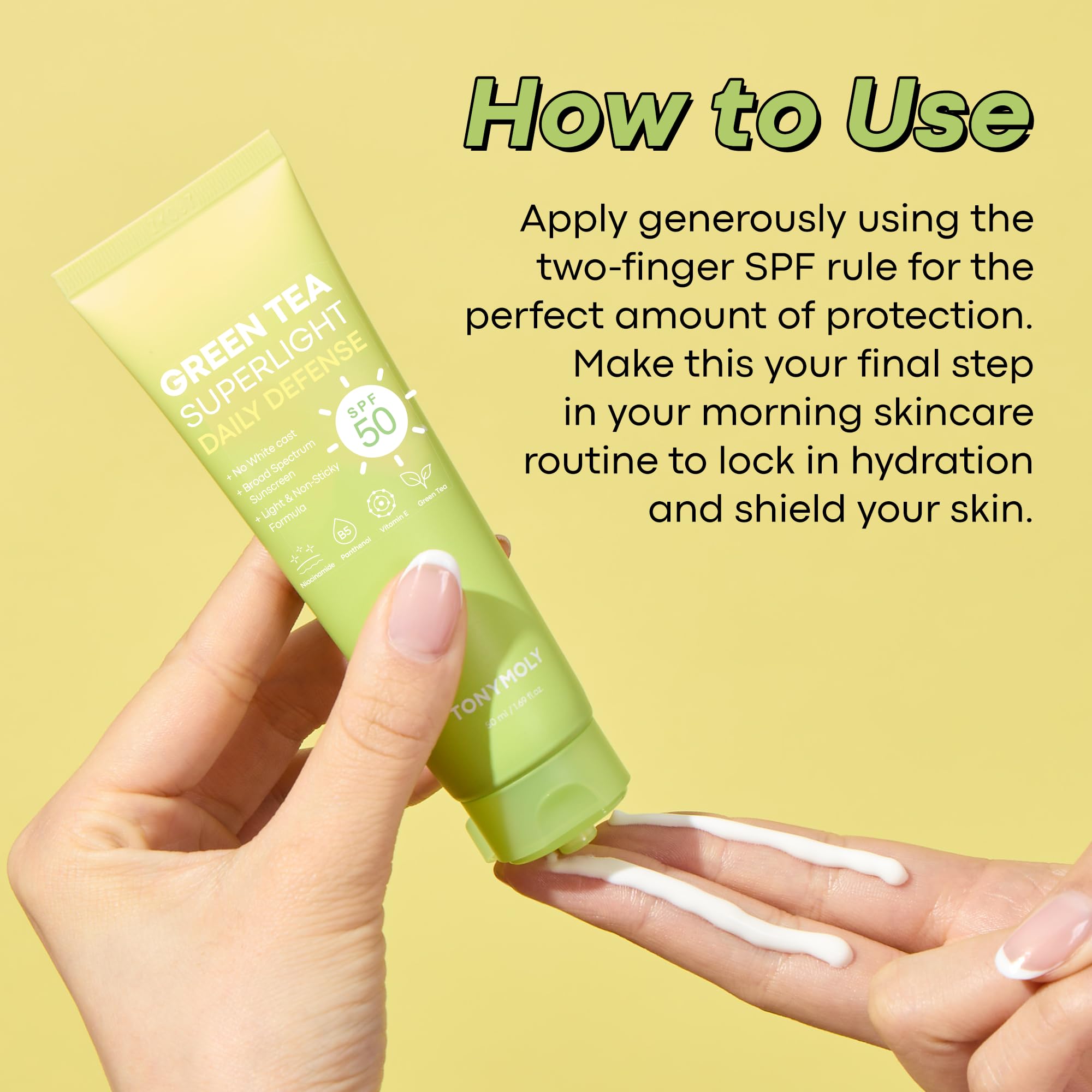 TONYMOLY Green Tea Sunscreen ingredients close-up featuring hyaluronic acid and niacinamide.