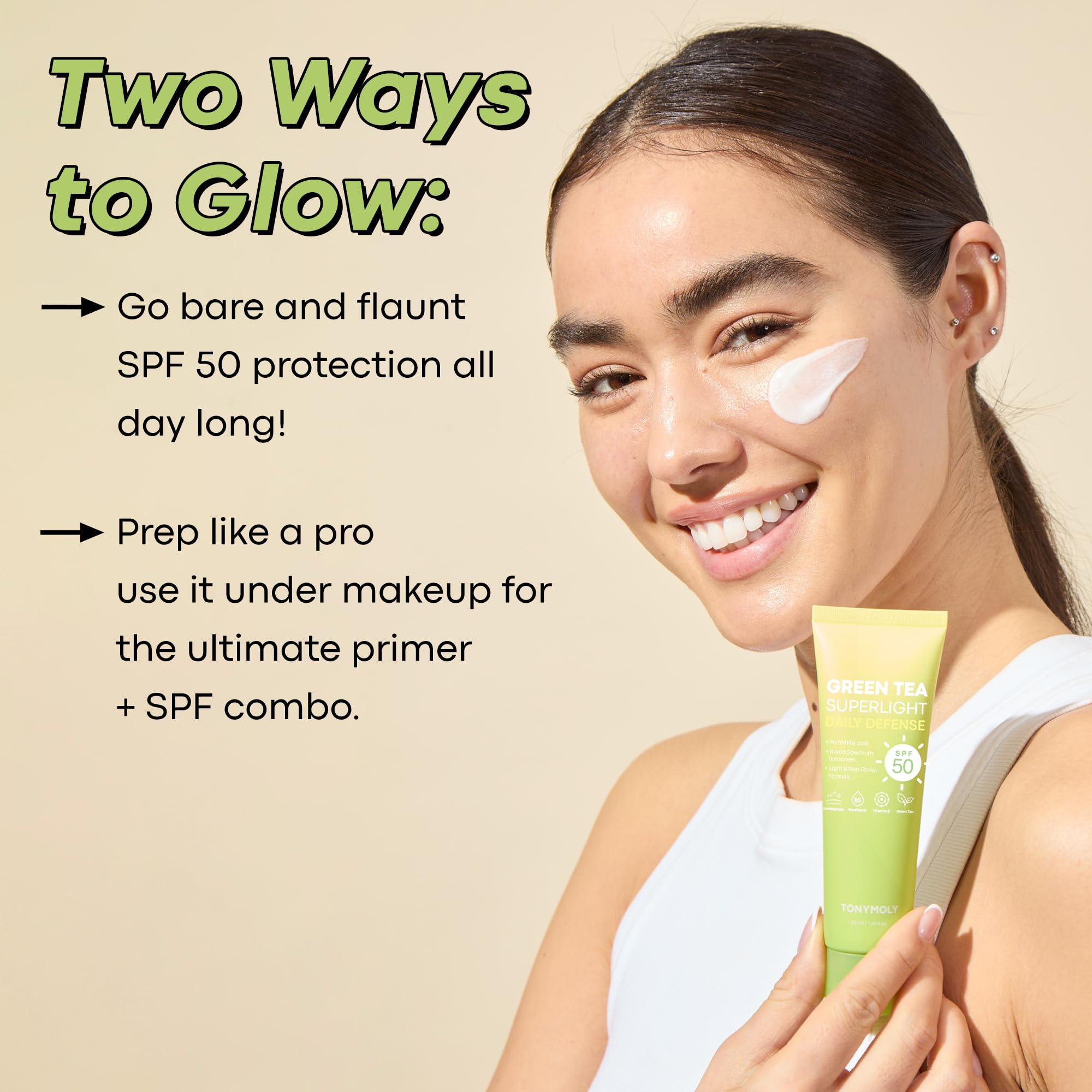 TONYMOLY Green Tea Sunscreen outdoor scene illustrating daily sun defense.