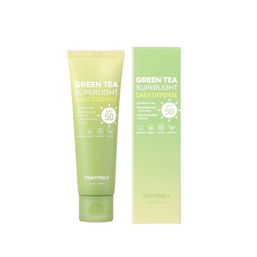 TONYMOLY Green Tea Sunscreen pump close-up highlights lightweight, non-greasy feel.