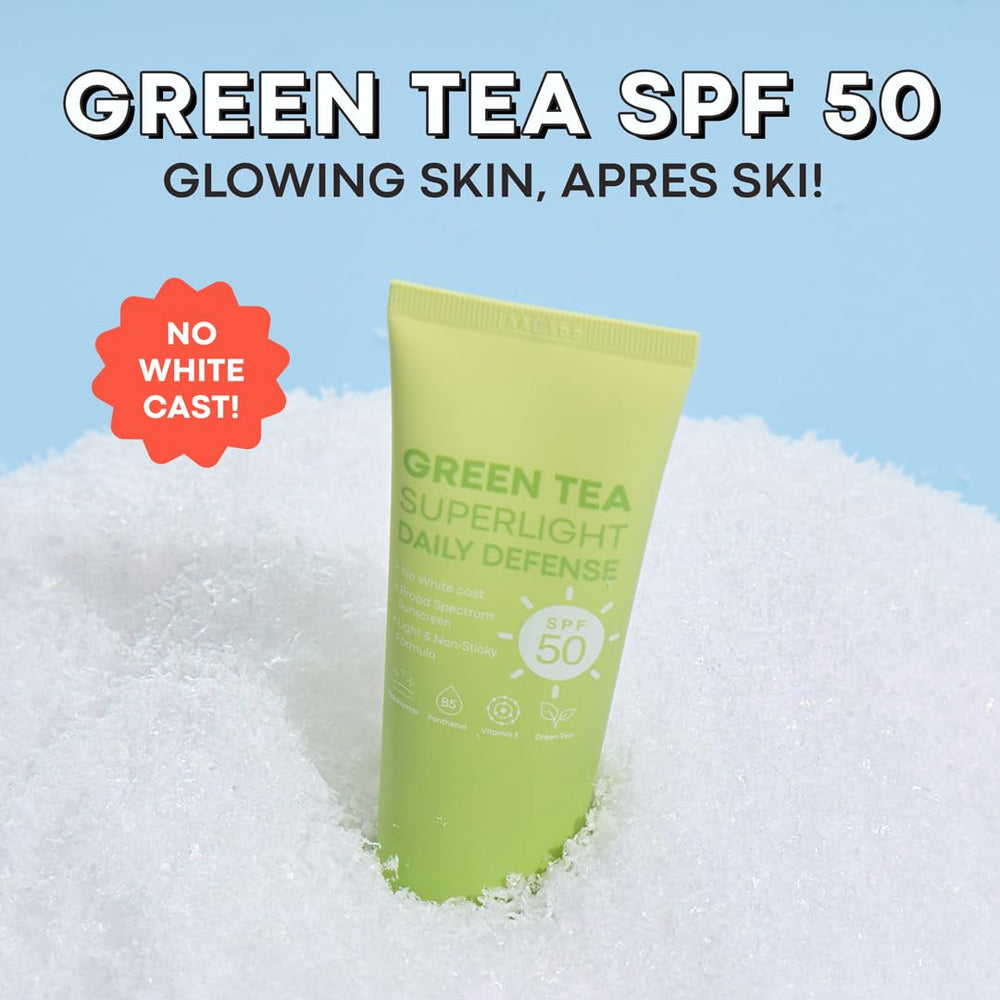 TONYMOLY Green Tea Sunscreen 50ml travel size packaging displayed for on-the-go use.