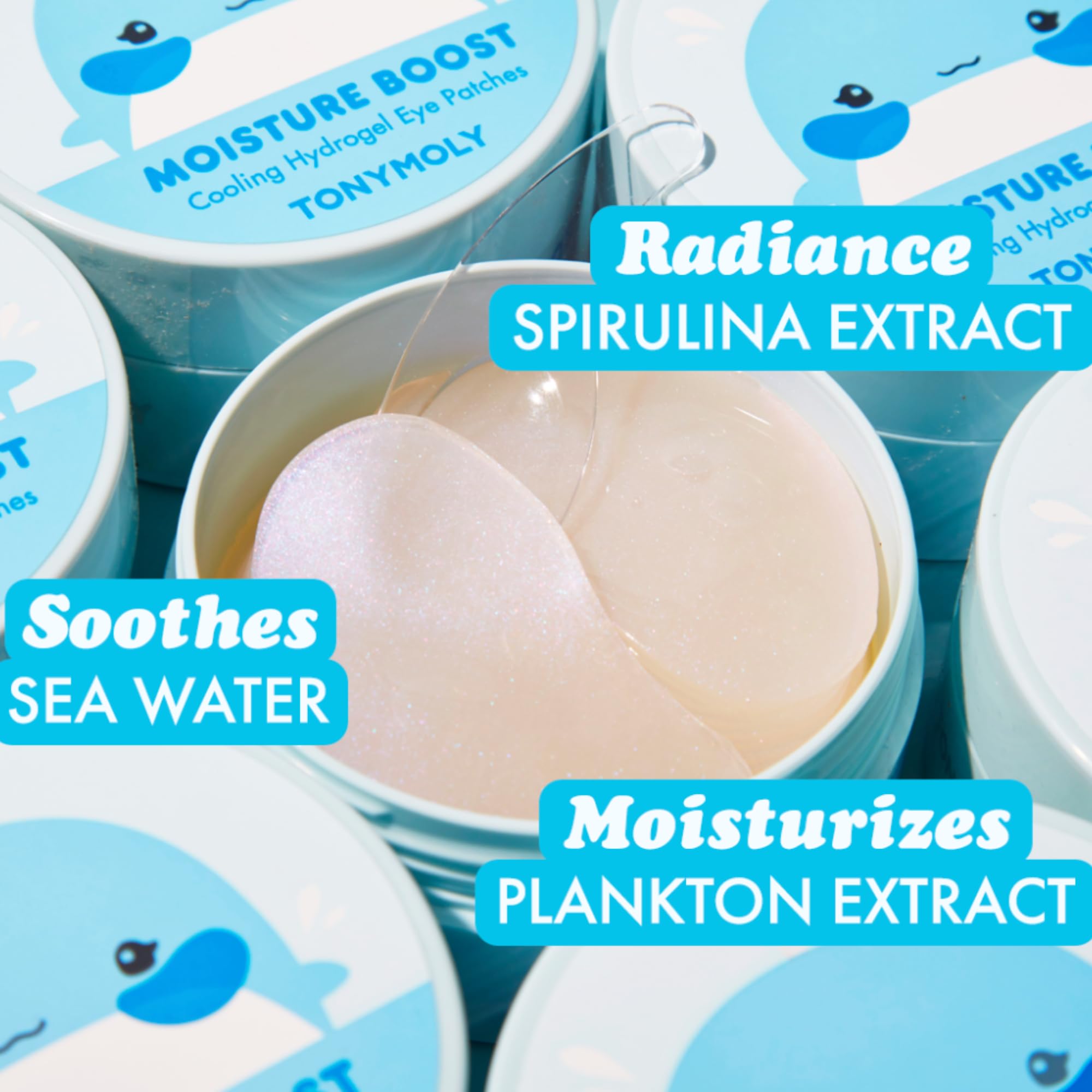 TONYMOLY eye patches in use soothing tired eyes with hydrating formula.