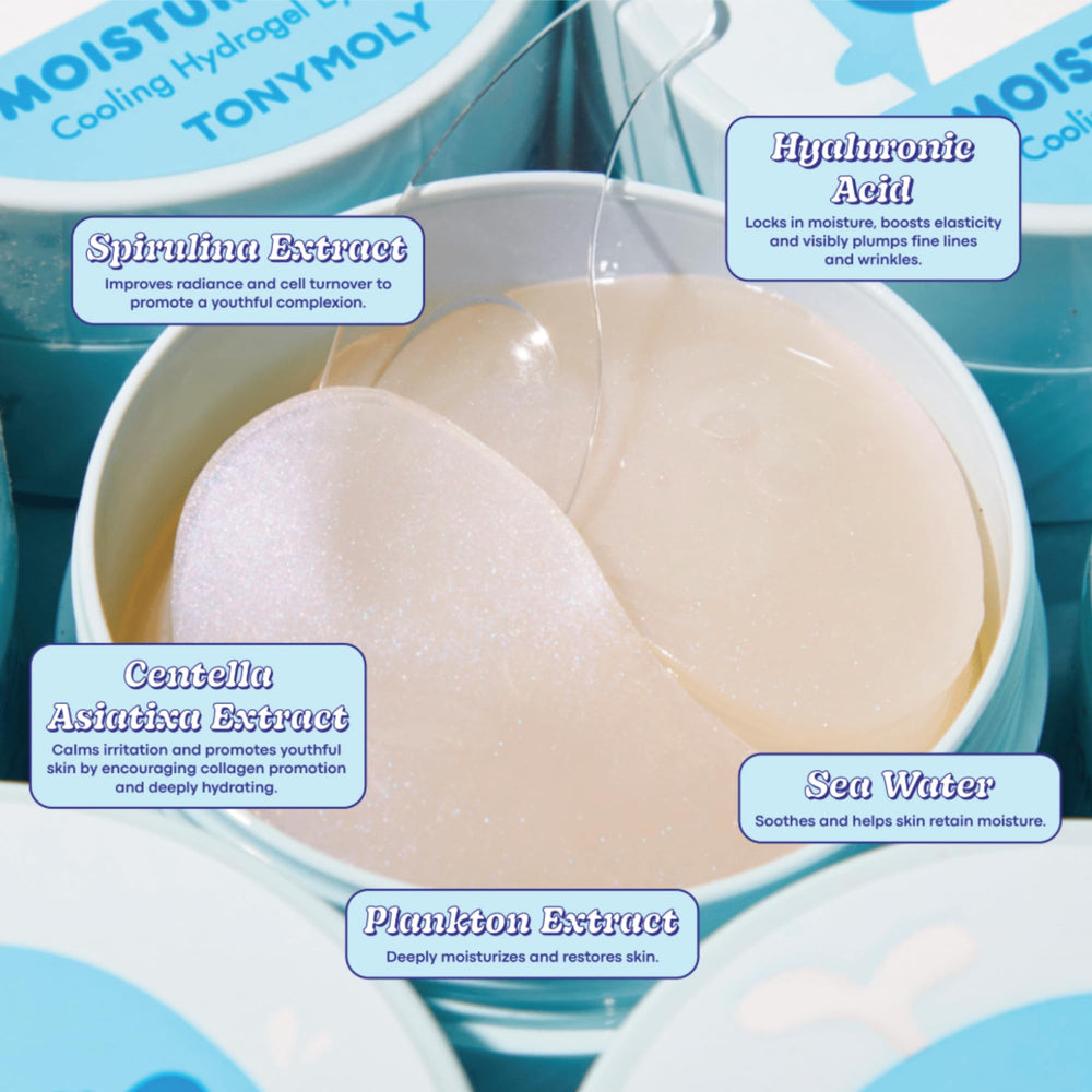TONYMOLY Moisture Boost patch closeup shows deep hydration on delicate under-eye skin.