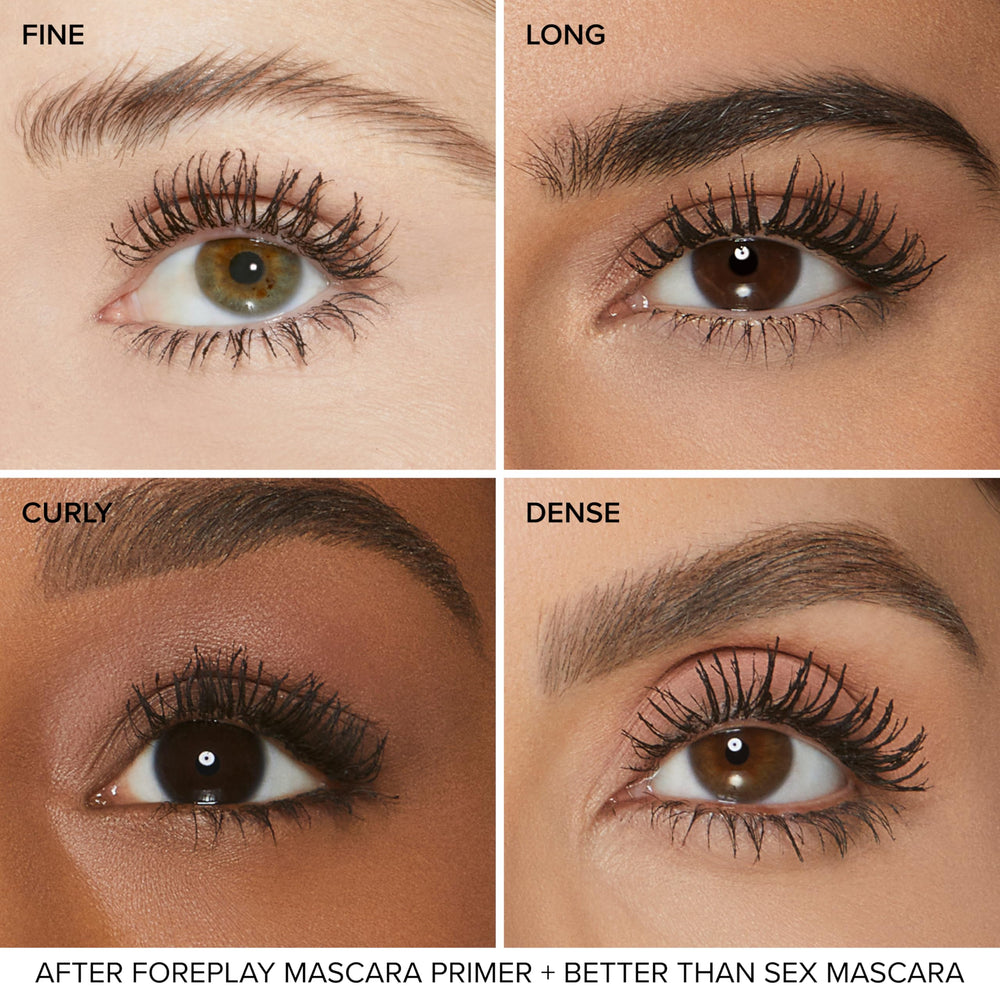 Too Faced Foreplay primer waterproof formula shown on lashes.