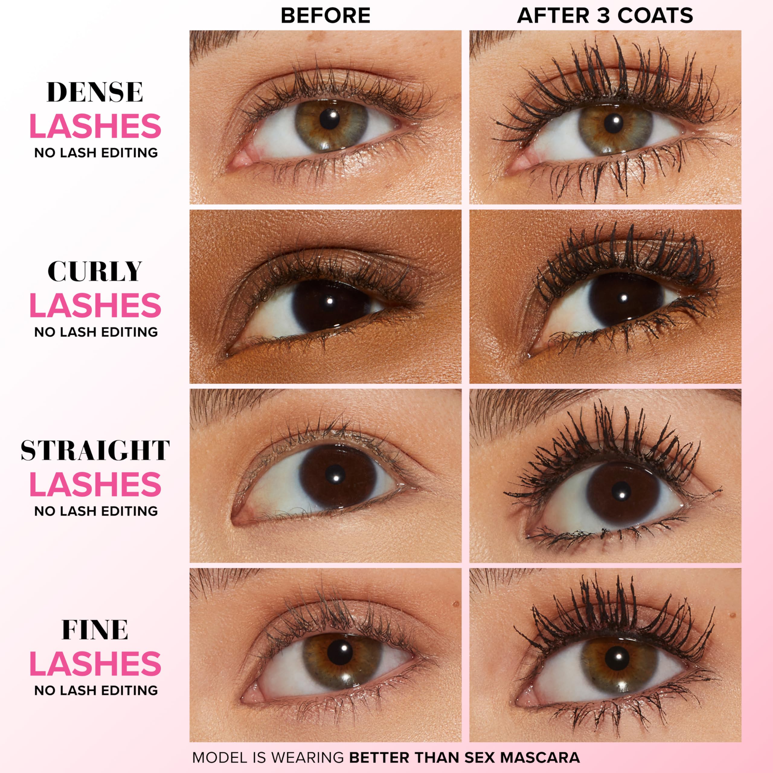 Too Faced Better Than Sex Máscara aporta longitud visible para un look impactante.