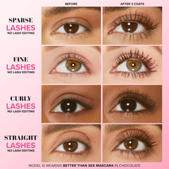Too Faced Better Than Sex Mascara wand angled for precise lash application.