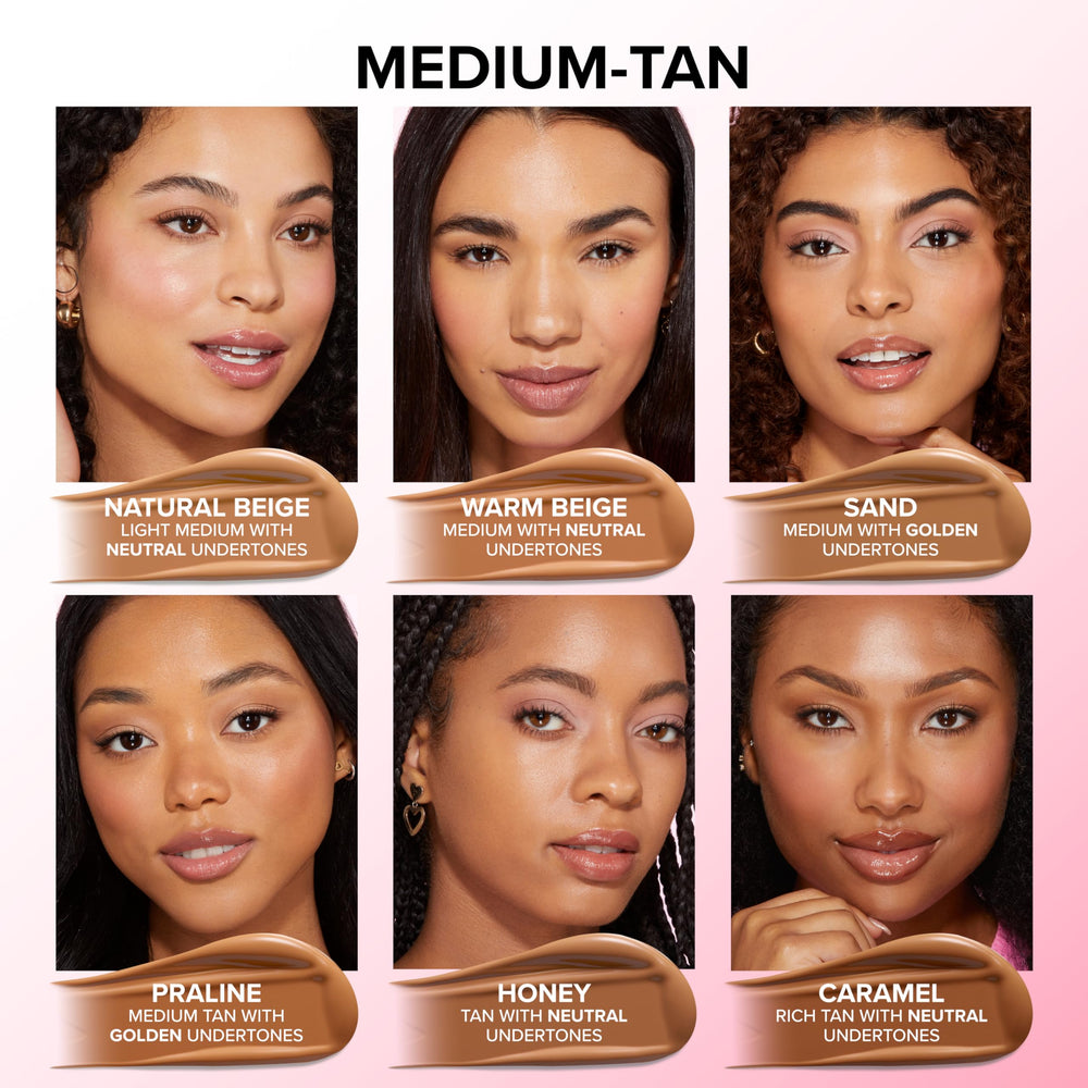Too Faced Born This Way blend on face demonstrates natural, pore-minimizing finish.